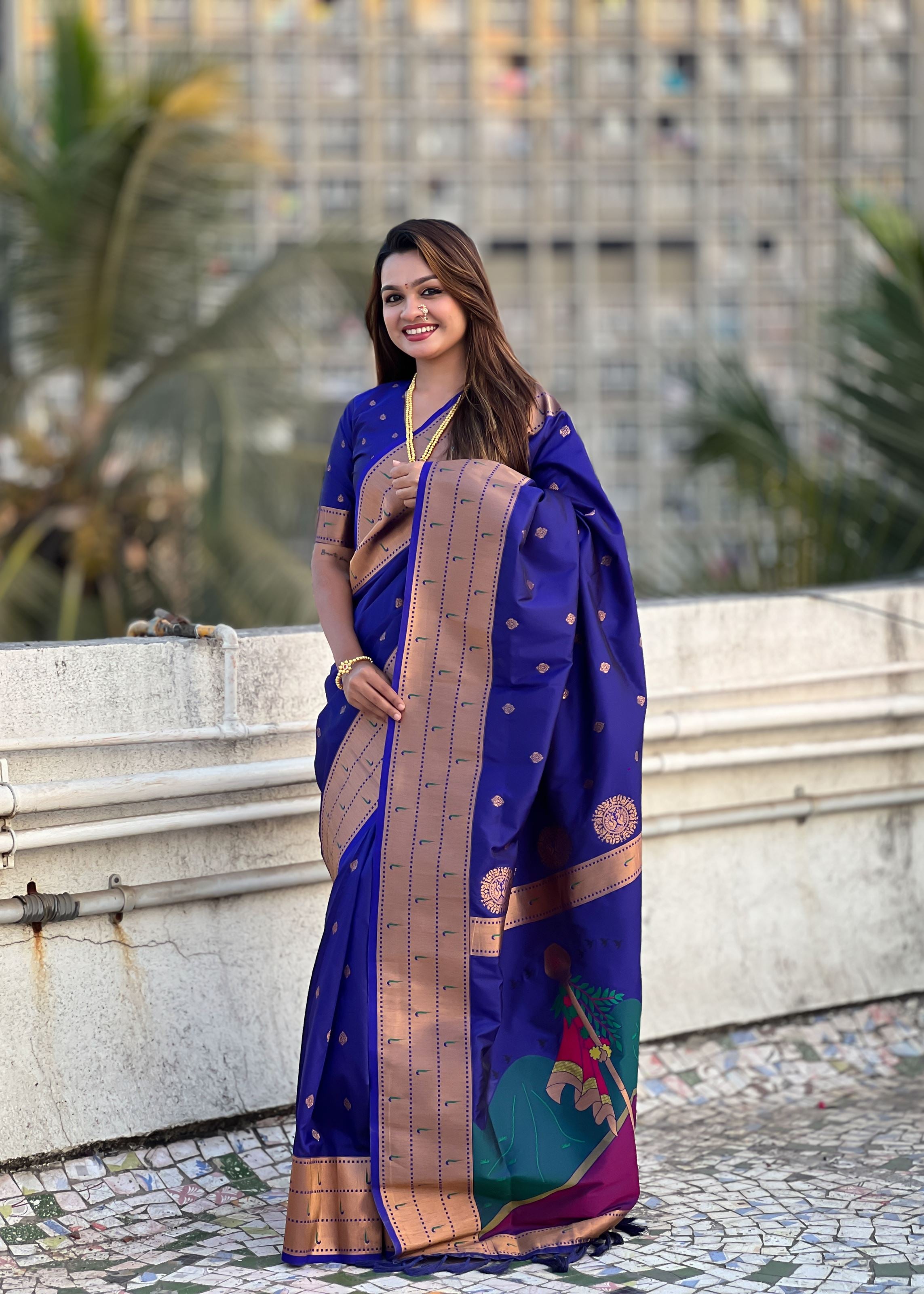 Purple Silk Blend Paithani Saree With Gudi Padwa Print