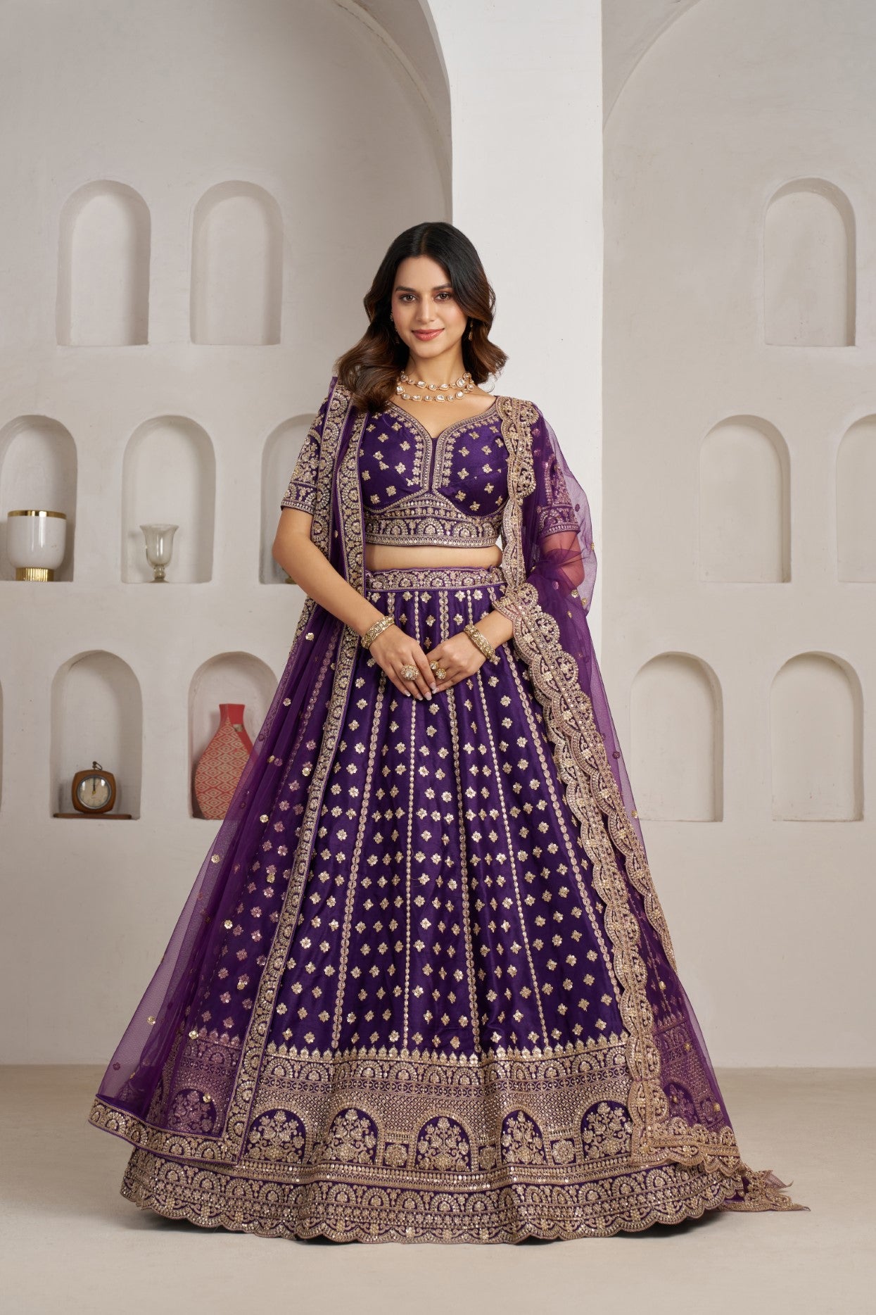 Purple Silk Double Dupatta Wedding Lehenga Choli Set