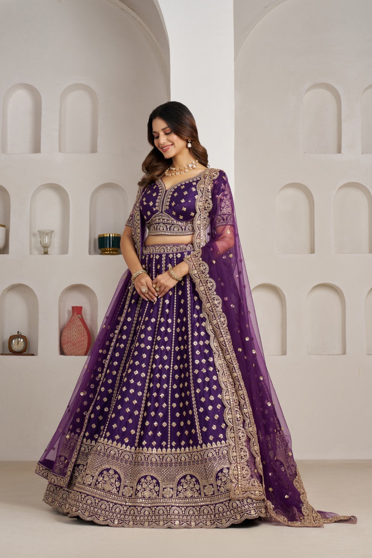Purple Silk Double Dupatta Wedding Lehenga Choli Set