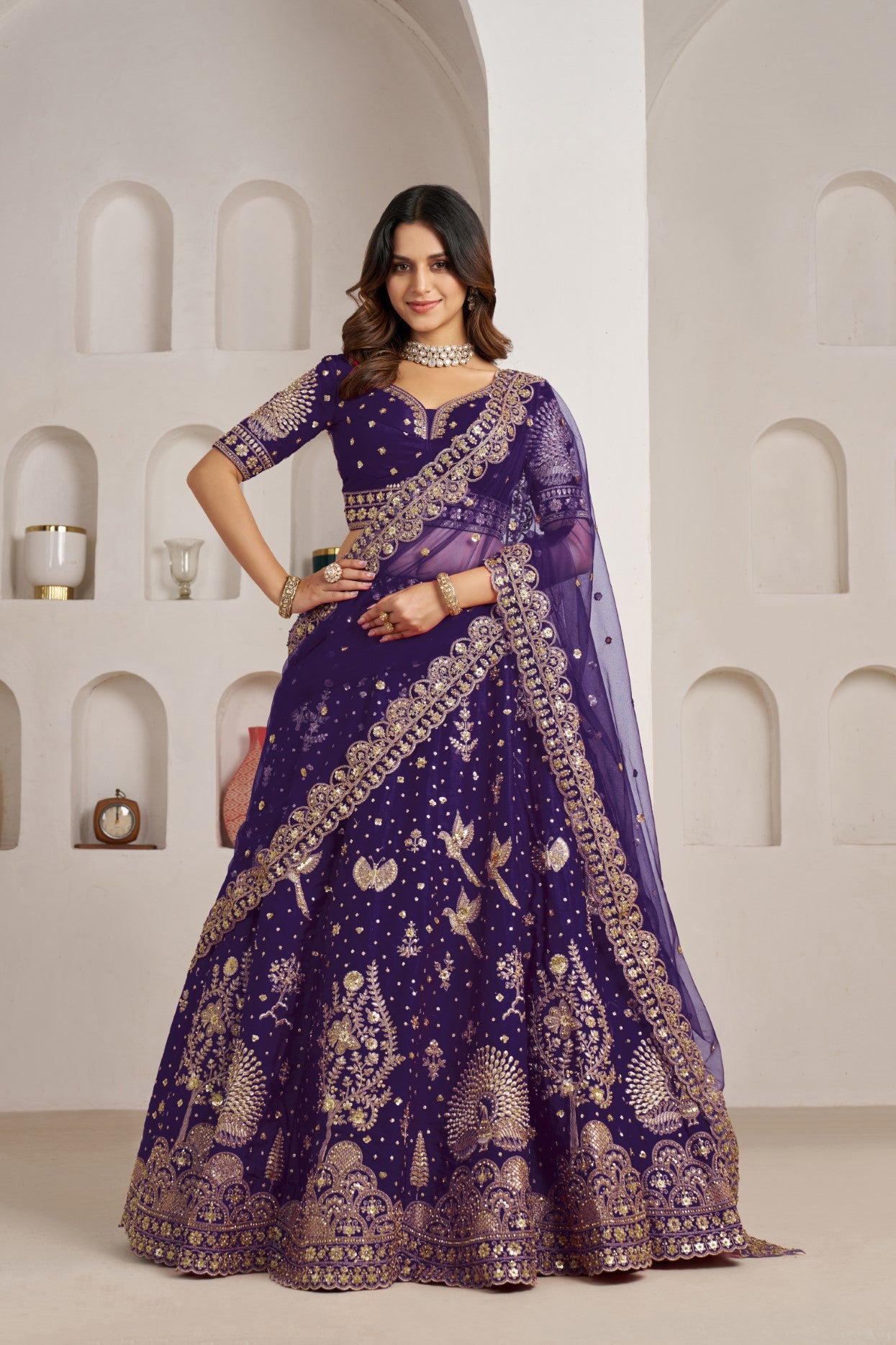 Purple Silk Floral & Bird Embroidered Luxury Lehenga Choli
