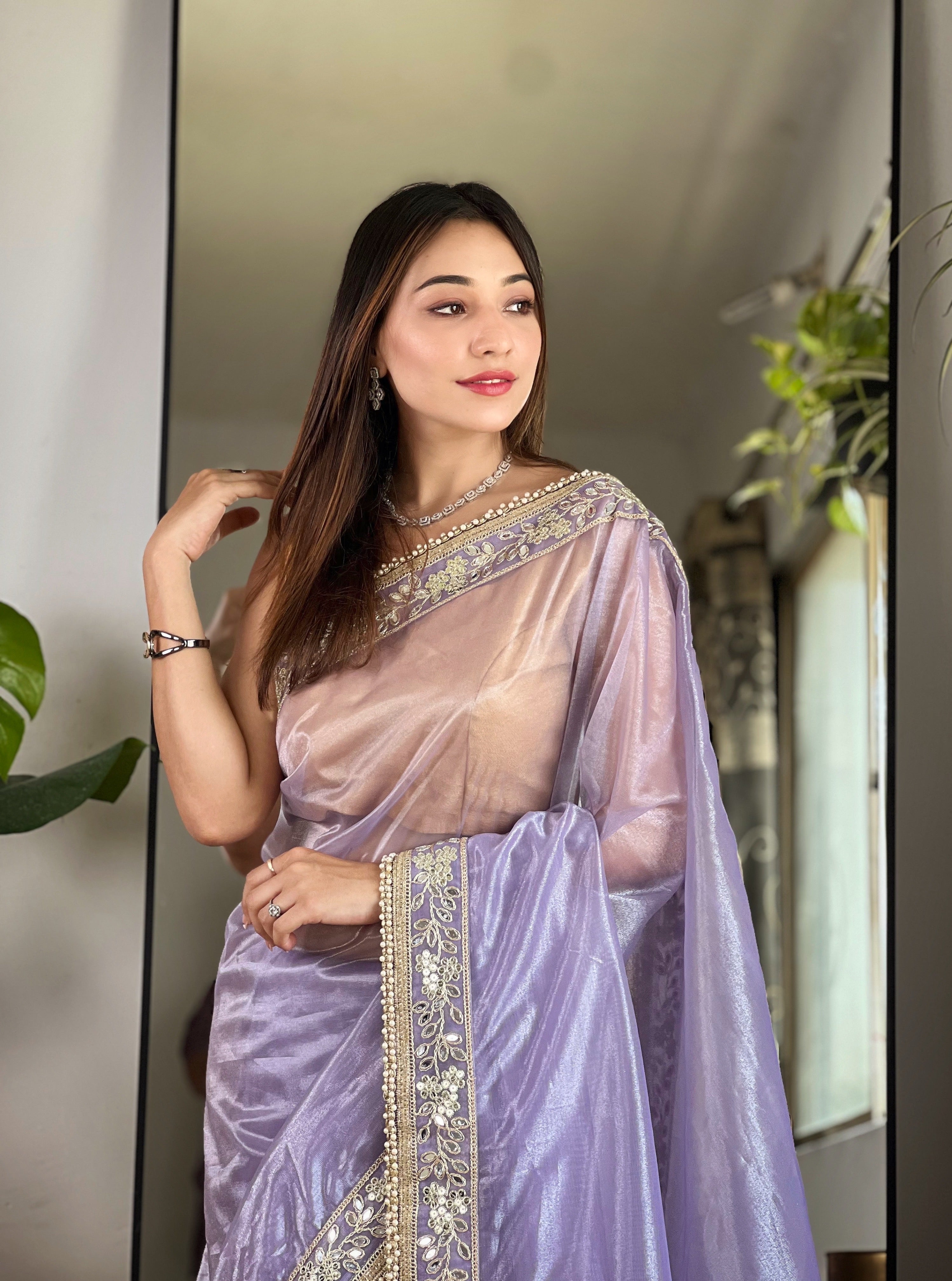 Purple Silver Tissue Silk Beautiful Sequins And Jari Embroidery Work Saree
