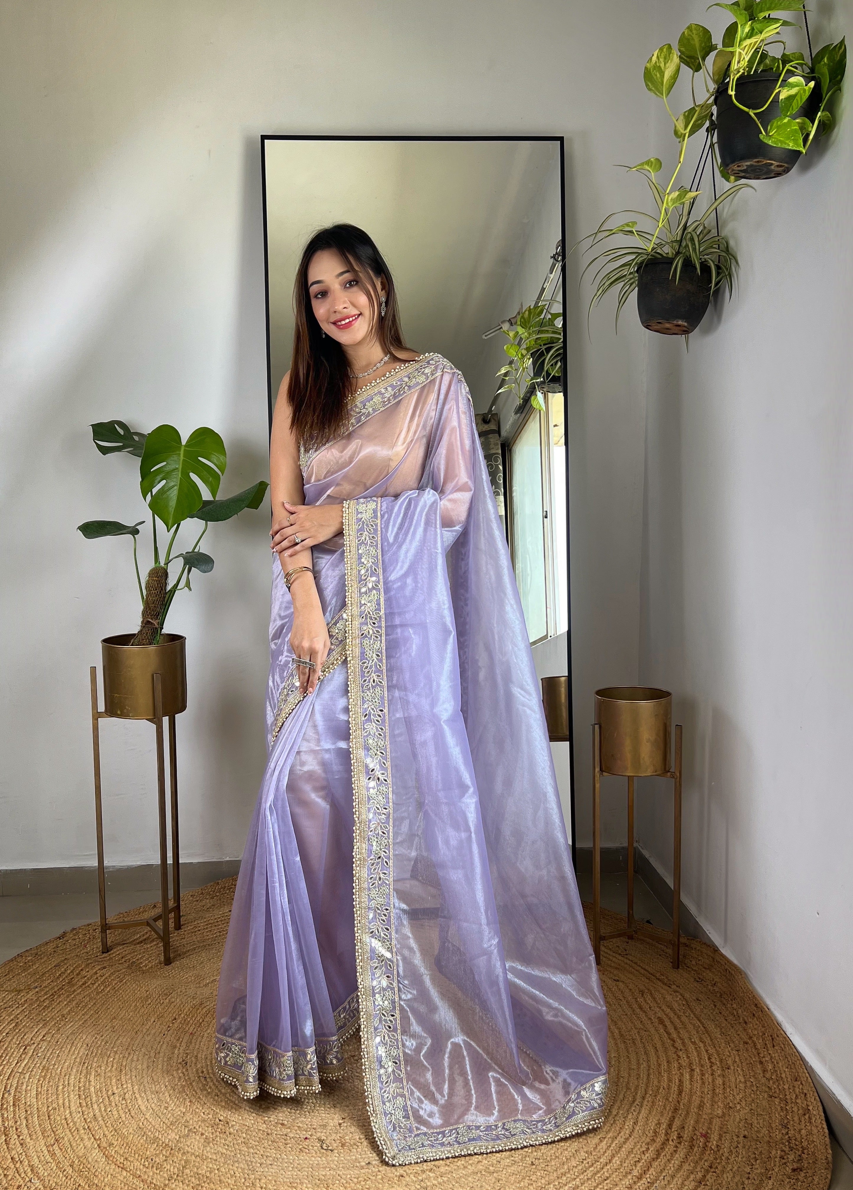 Purple Silver Tissue Silk Beautiful Sequins And Jari Embroidery Work Saree