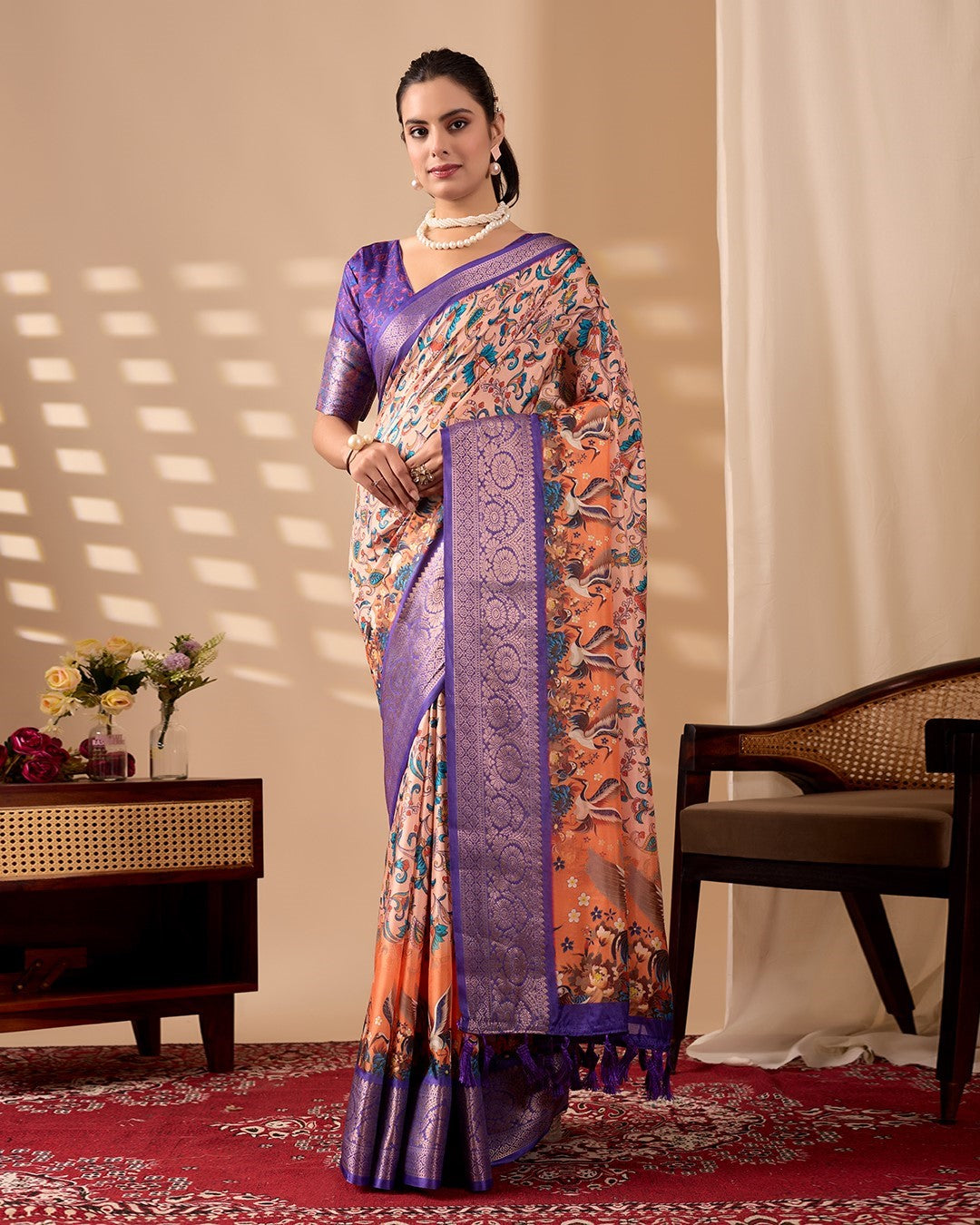 Purple Soft Lichi Silk Saree With Digital Printed Classic Designer Saree