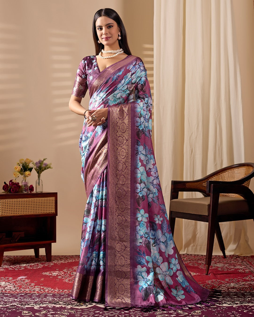 Purple Soft Lichi Silk Saree With Digital Printed Premium Festive Saree