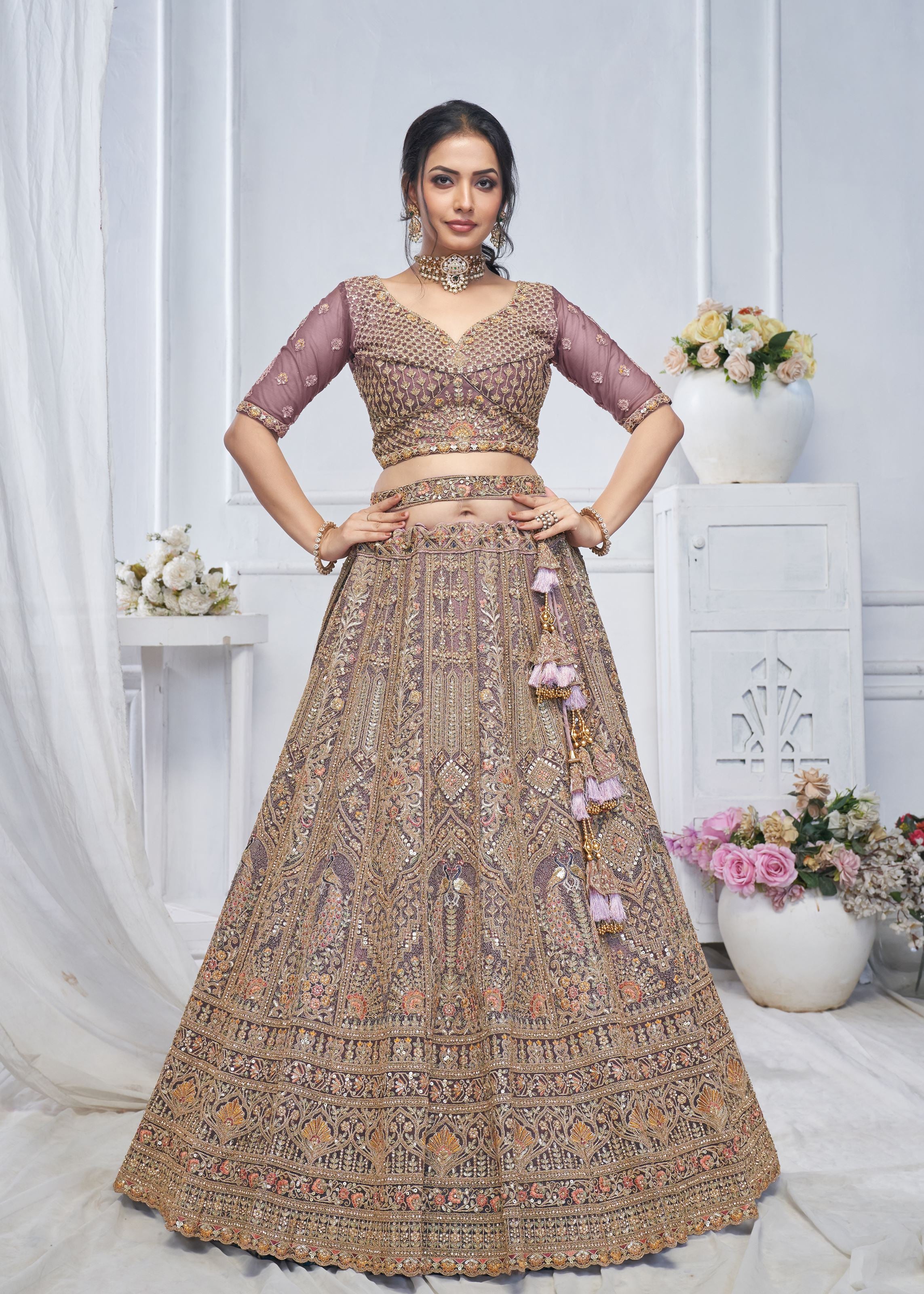 Purple Soft Net Lehenga Choli With Paisley And Peacock Motifs & Heavy Embroidery