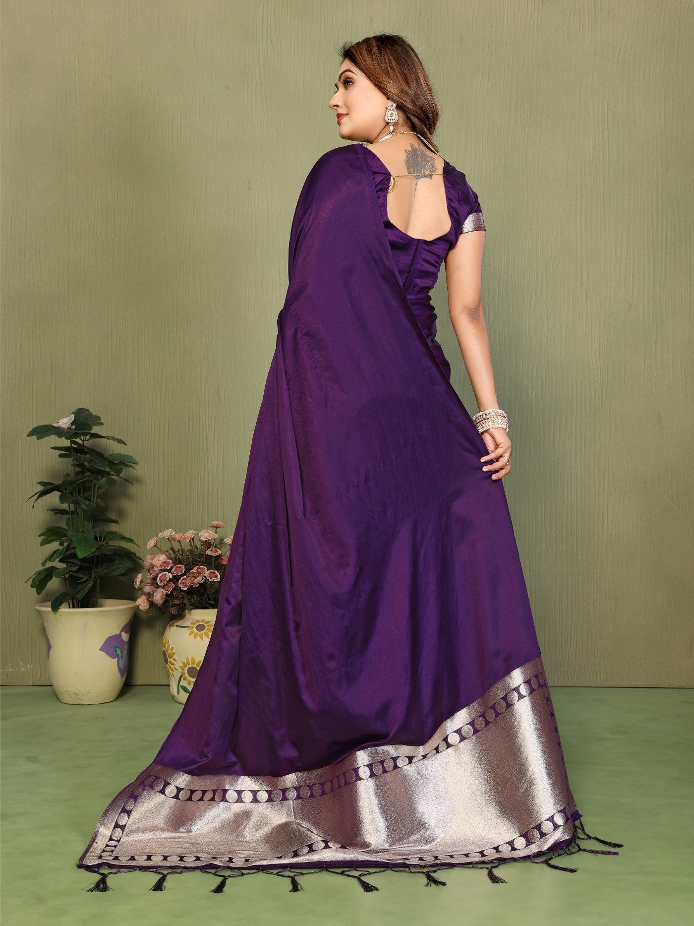 Purple Soft Satin Silk Saree With Elegant Zari Weaving