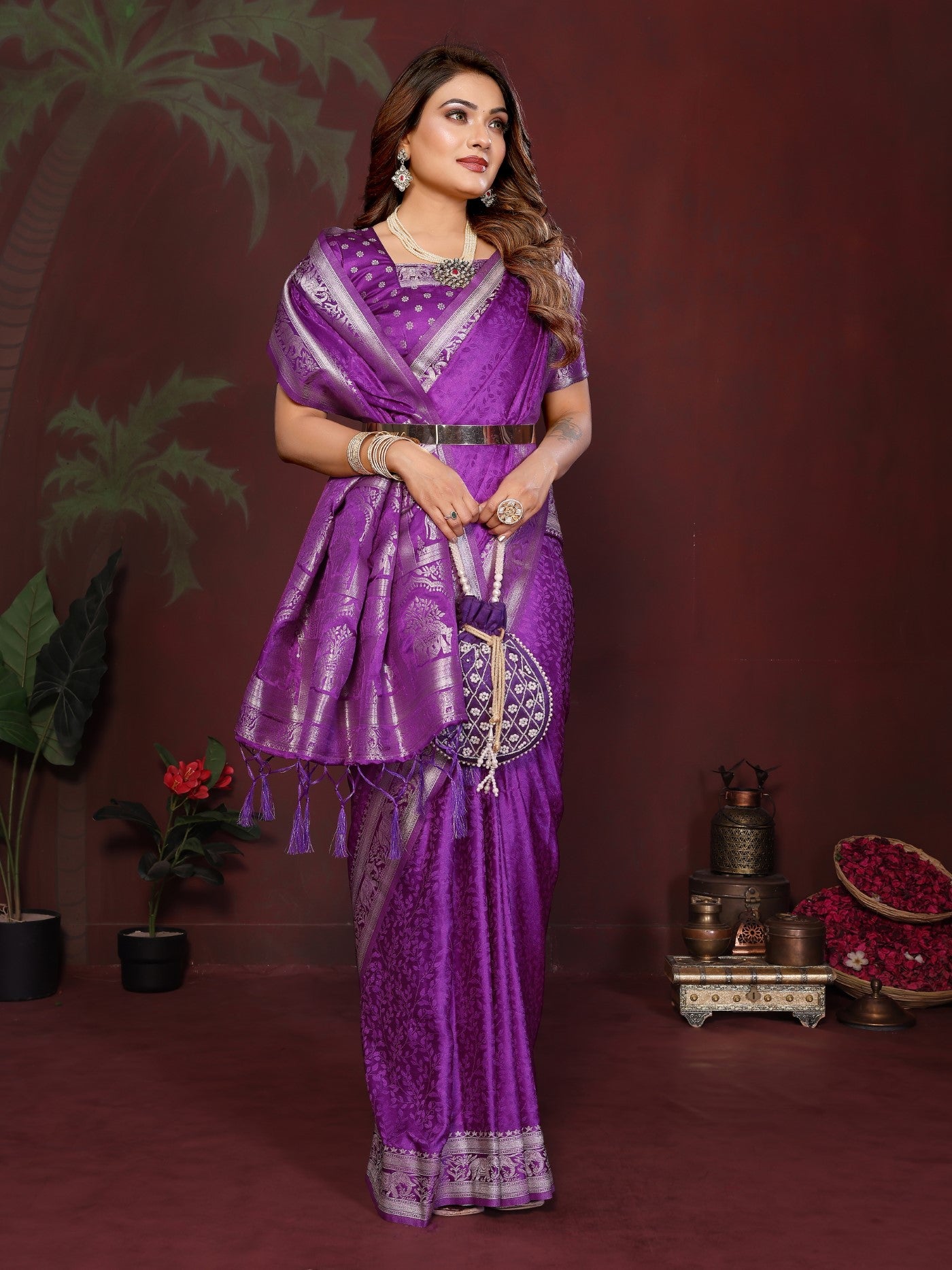 Purple Soft Satin Silk Saree With Traditional Zari Weaving