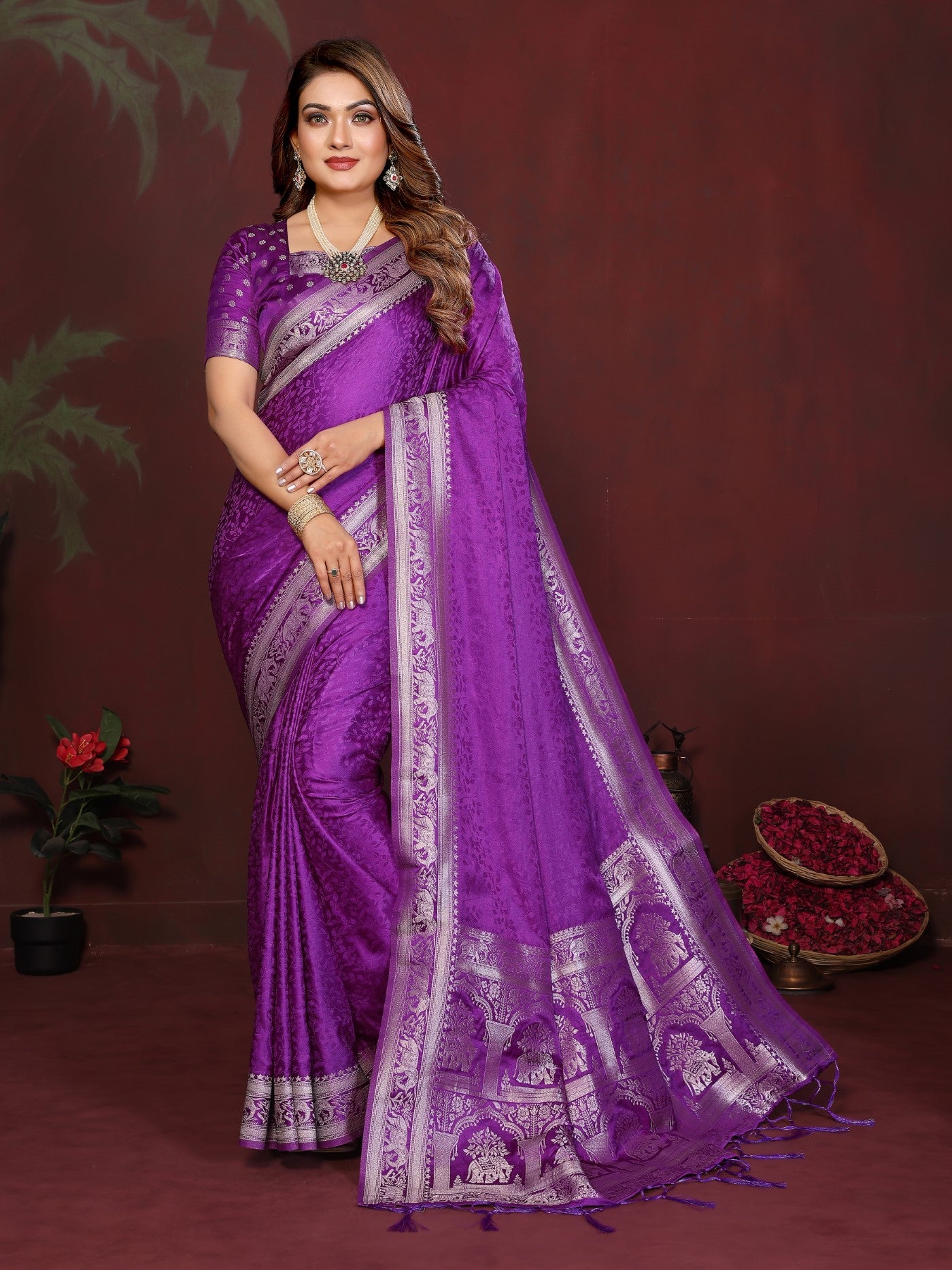 Purple Soft Satin Silk Saree With Traditional Zari Weaving