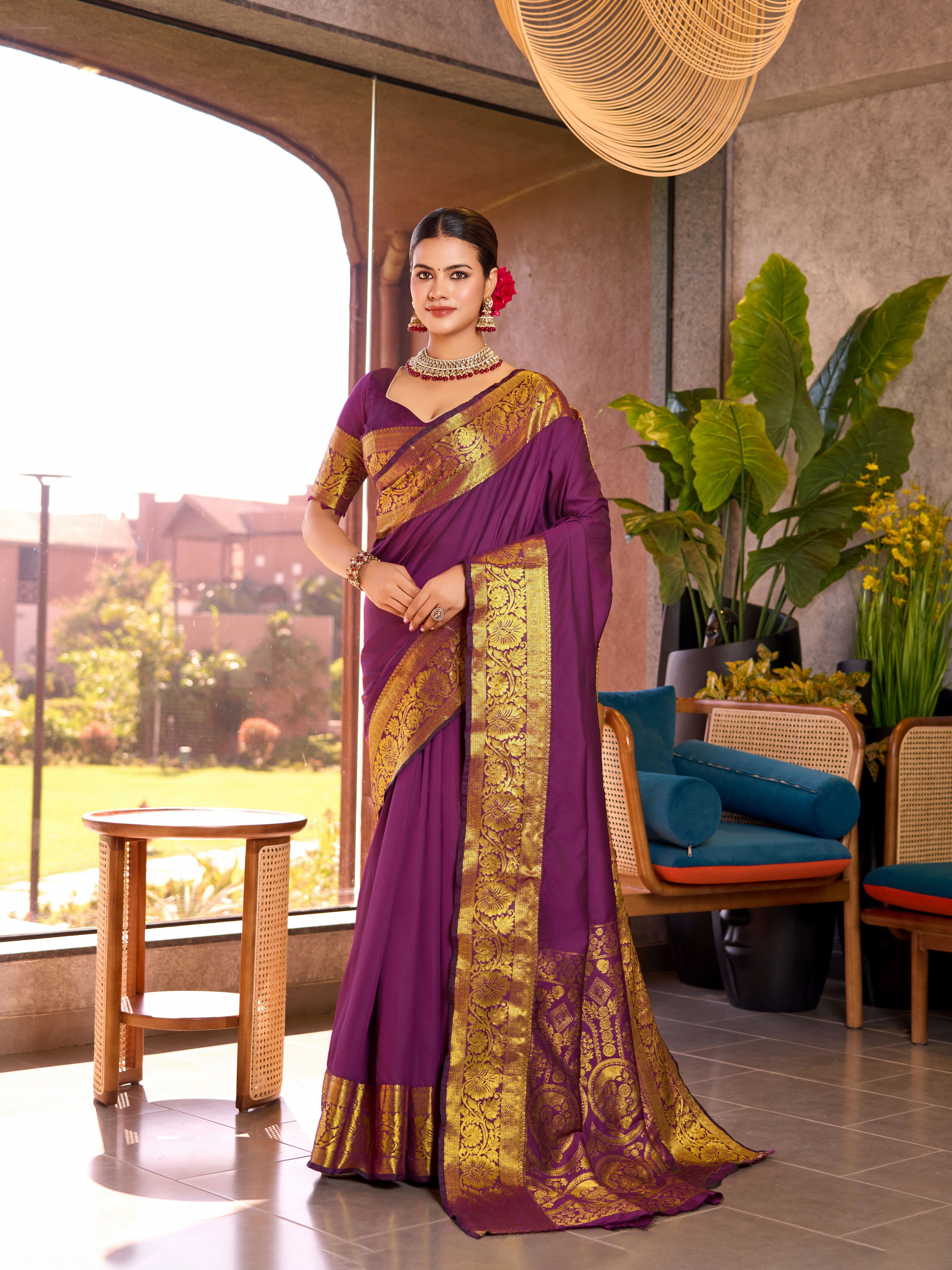 Purple Soft Silk Woven Jari Designer Heavy Partywear Saree