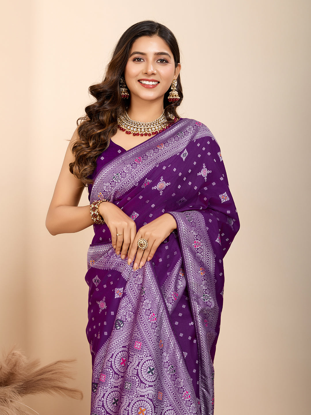 Purple Soft Silk Woven Meenakari Designer Ethnic Saree