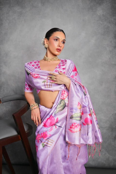 Purple Soft Tussar Silk Saree with Print and Small Zari Border
