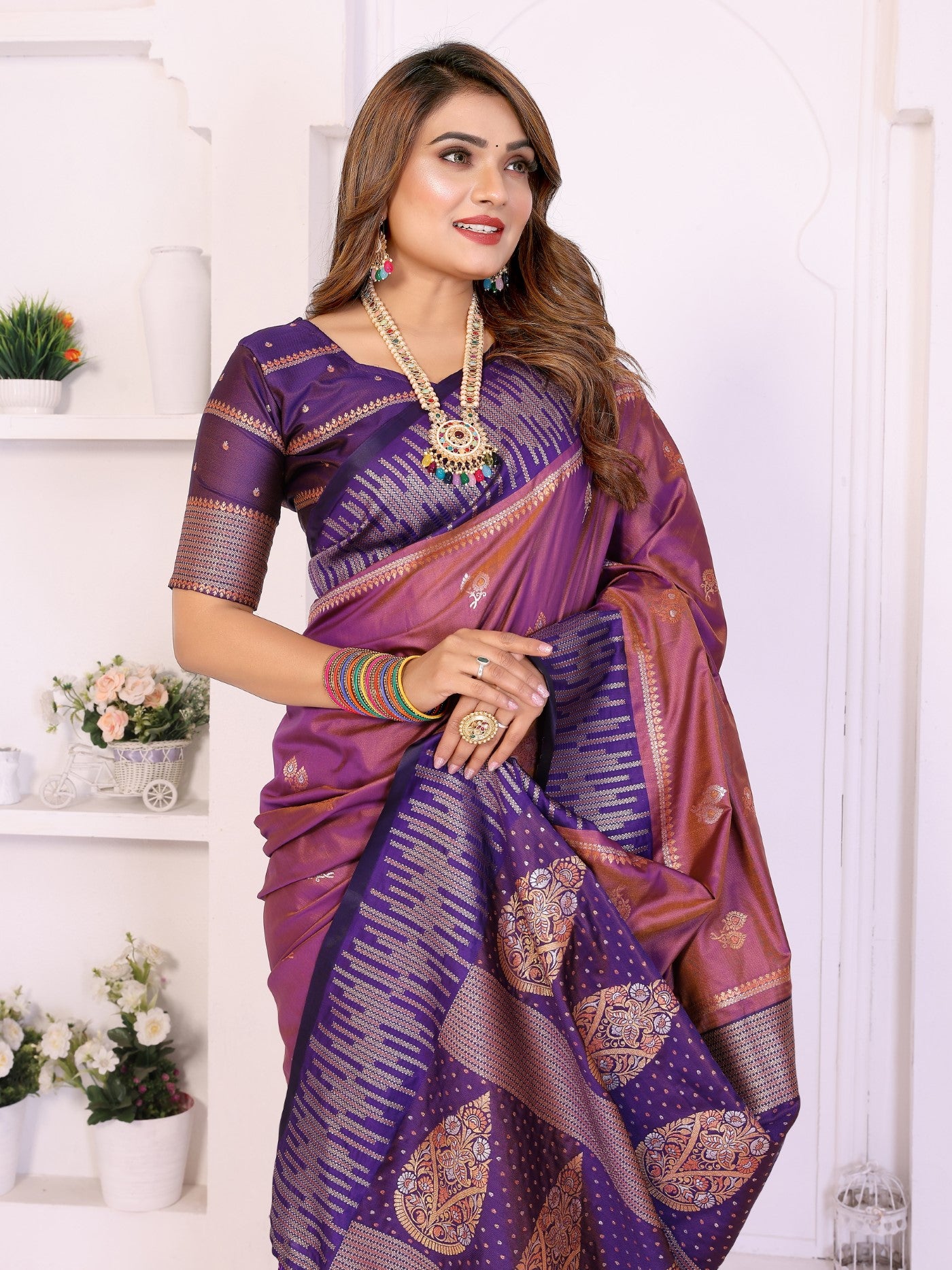 Purple South Soft Silk Saree With Traditional Zari Weaving