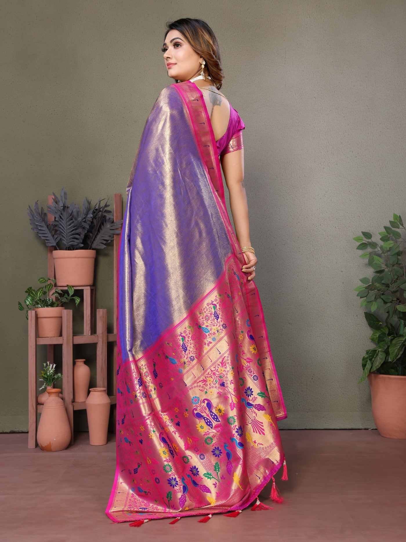 Purple Tissue Silk Saree With Paithani Woven
