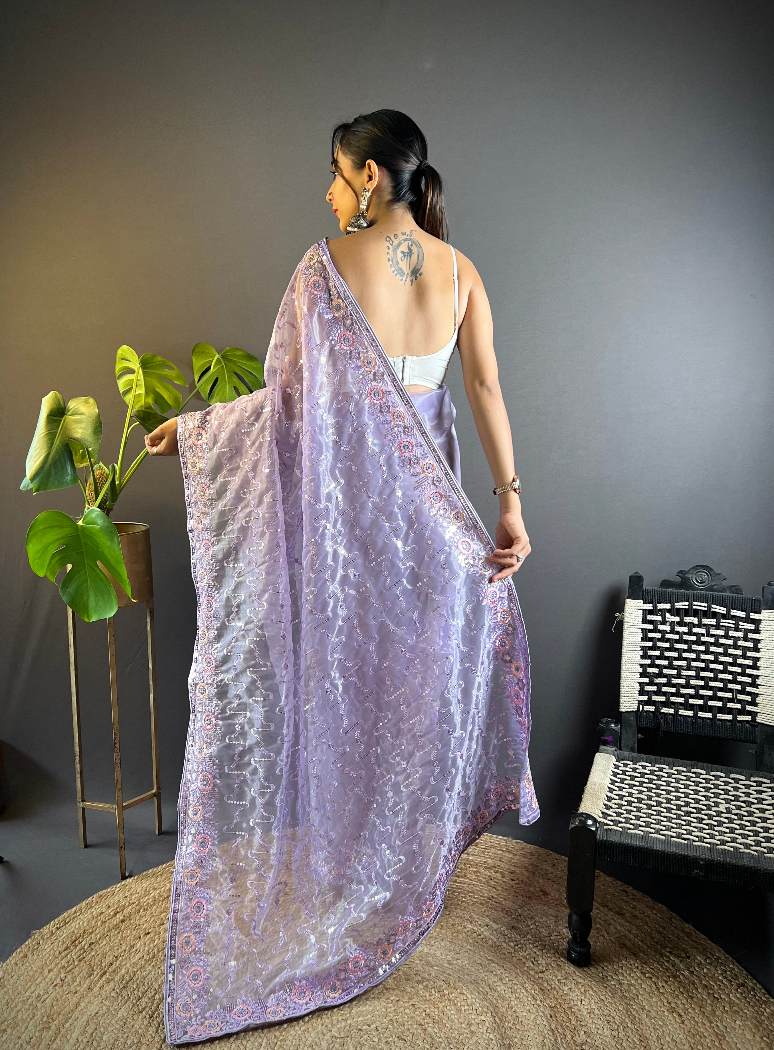 Purple Twill Net Fabric Designer Girlie Saree With Trendy Embroidered Saree