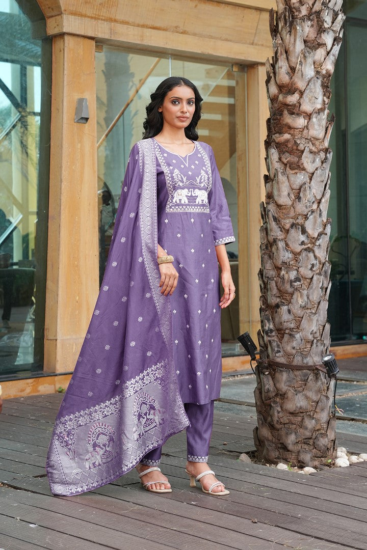 Purple Vatican Designer Suit Set With Handcrafted Embroidery