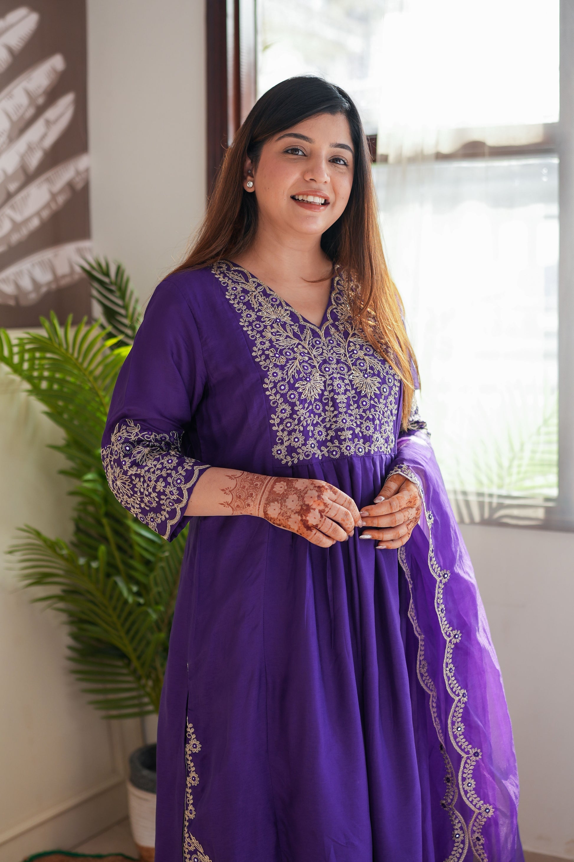 Purple Viscose Chanderi Kurta Pant Set With Embroidery Work