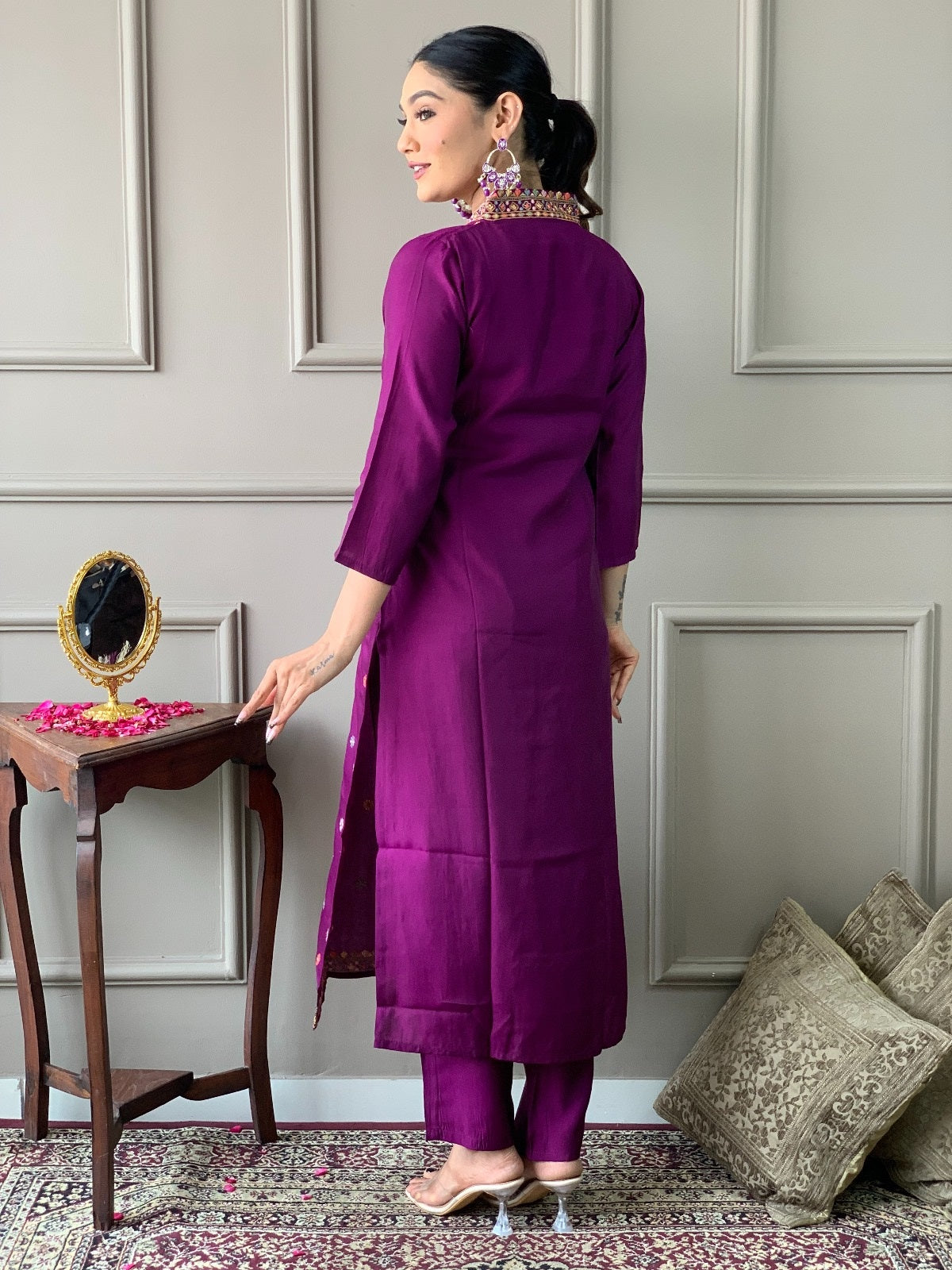 Purple Viscose Chanderi Kurta Pant Set With Heavy Thread Embroidered Work