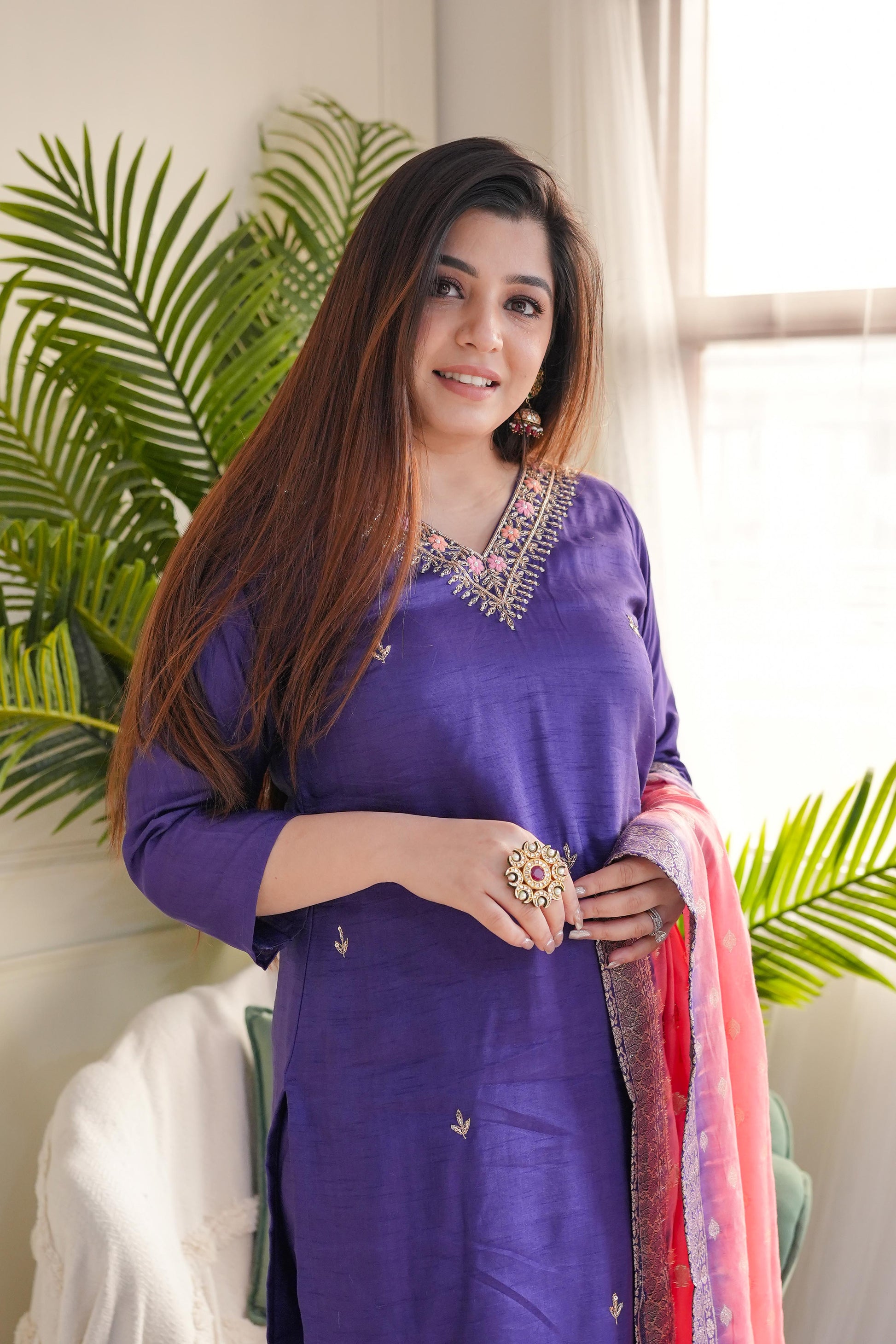 Purple Viscose Chanderi Kurta Pant Set With Heavy Thread Embroidery Work With Jacquard Dupatta