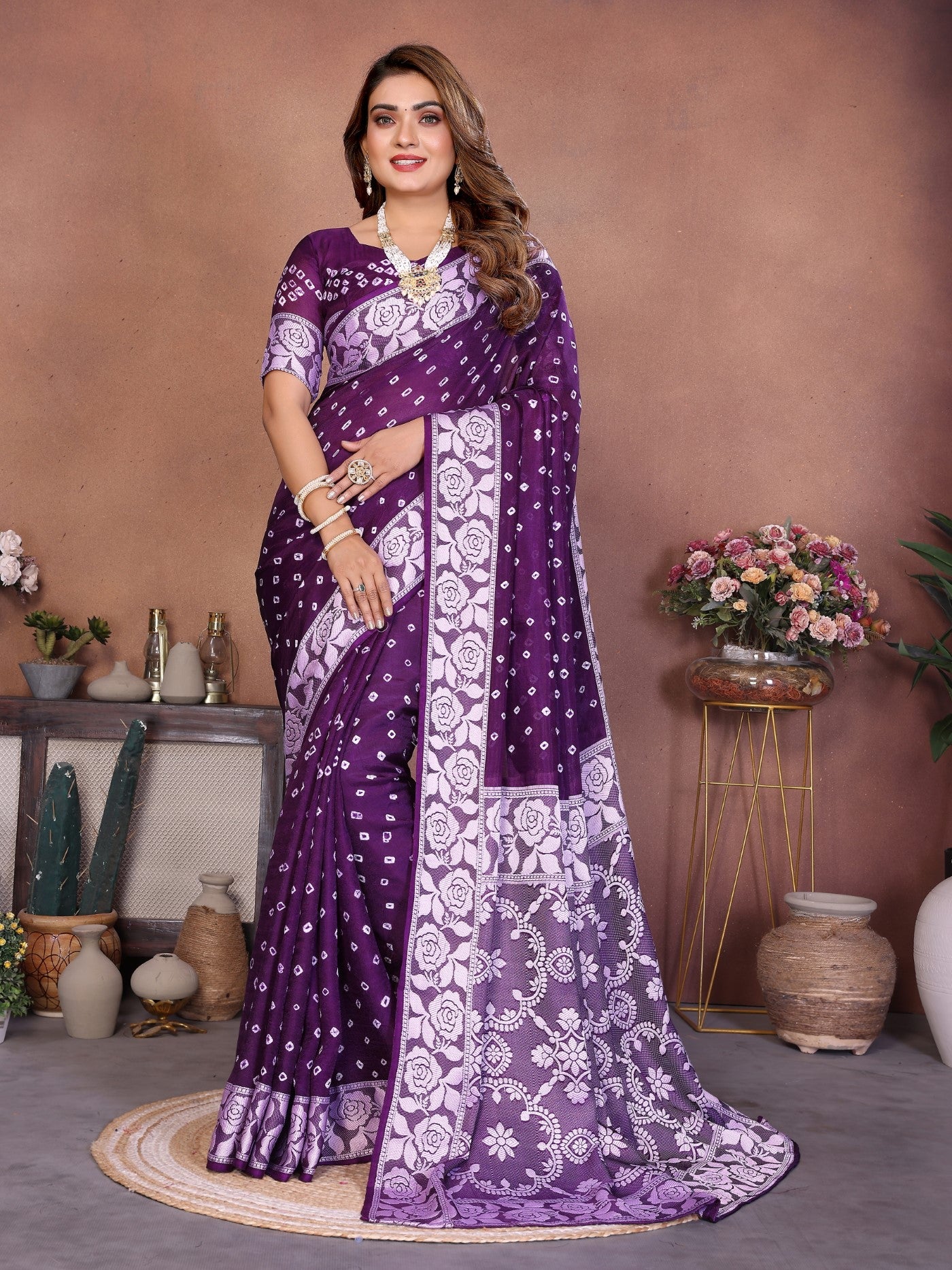 Purple Viscose Silk Saree With Handmade Original Bandhej