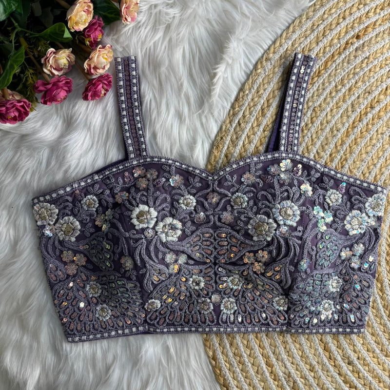 Purple Womens Spaghetti Western Designer Blouse Fox Georgette Embroidered & Sequins Partywear