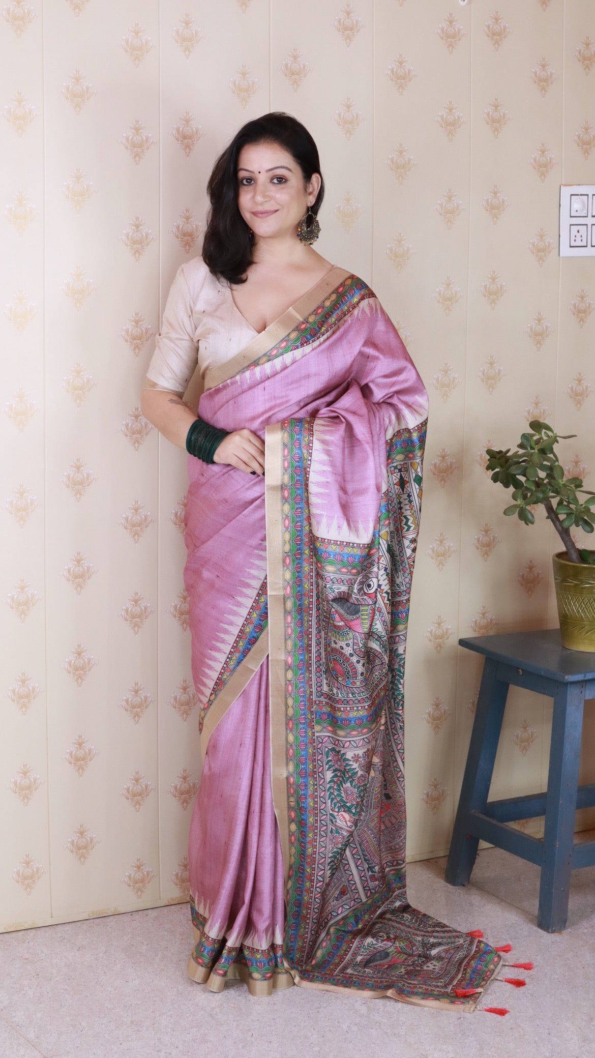 Purple Woven Jari Border Designer Madhubani Digital Printed Ethnic Tussar Silk Saree