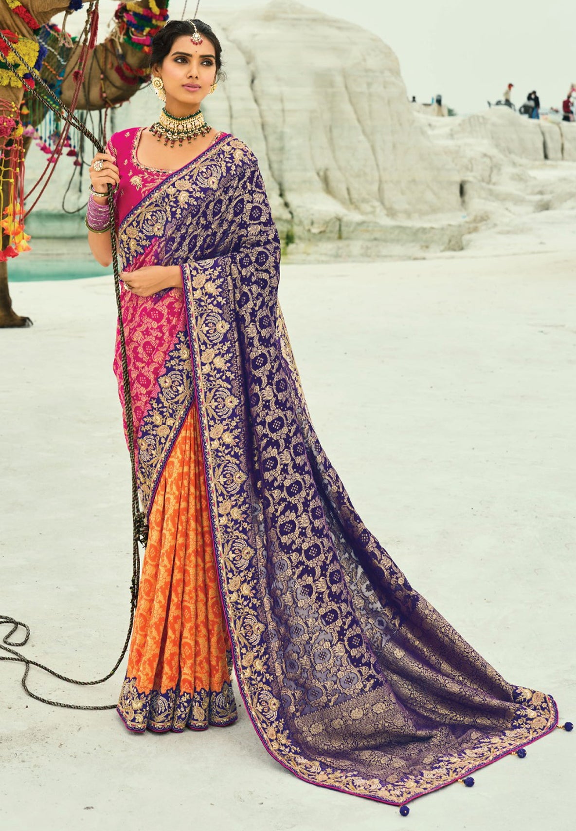 Purple, Rani & Orange Bandhej Saree with Heavy Hand Work Border With Embroidery Blouse