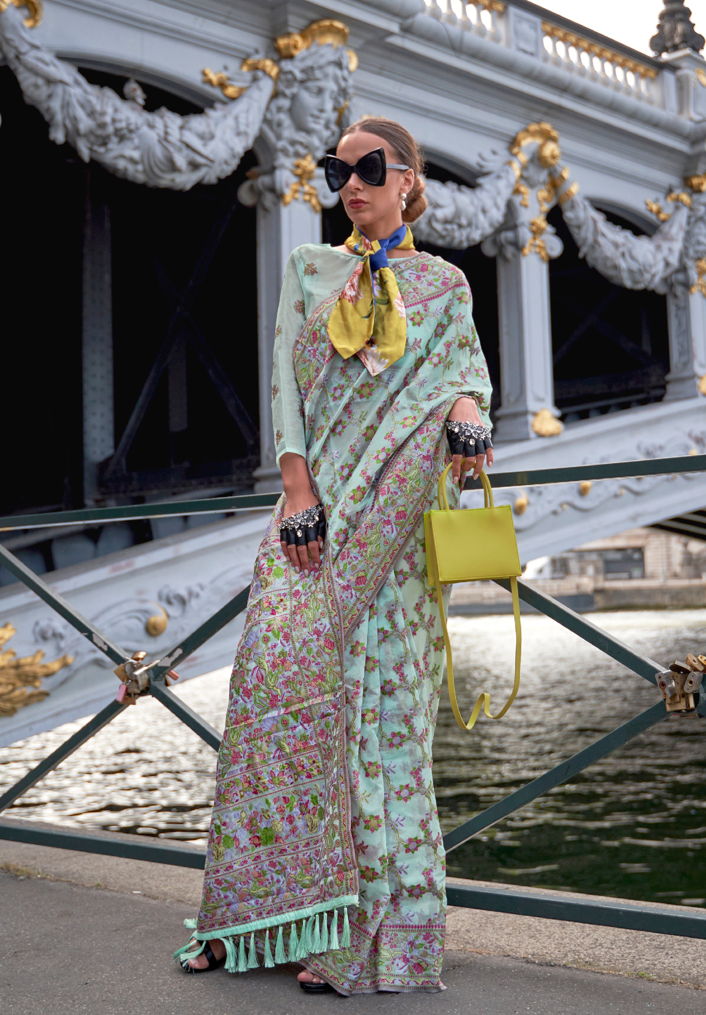 Turqouise Organza Handloom Saree With Woven Work