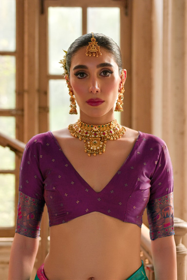 Rama Banarasi Silk Saree with Kalamkari Zari Design