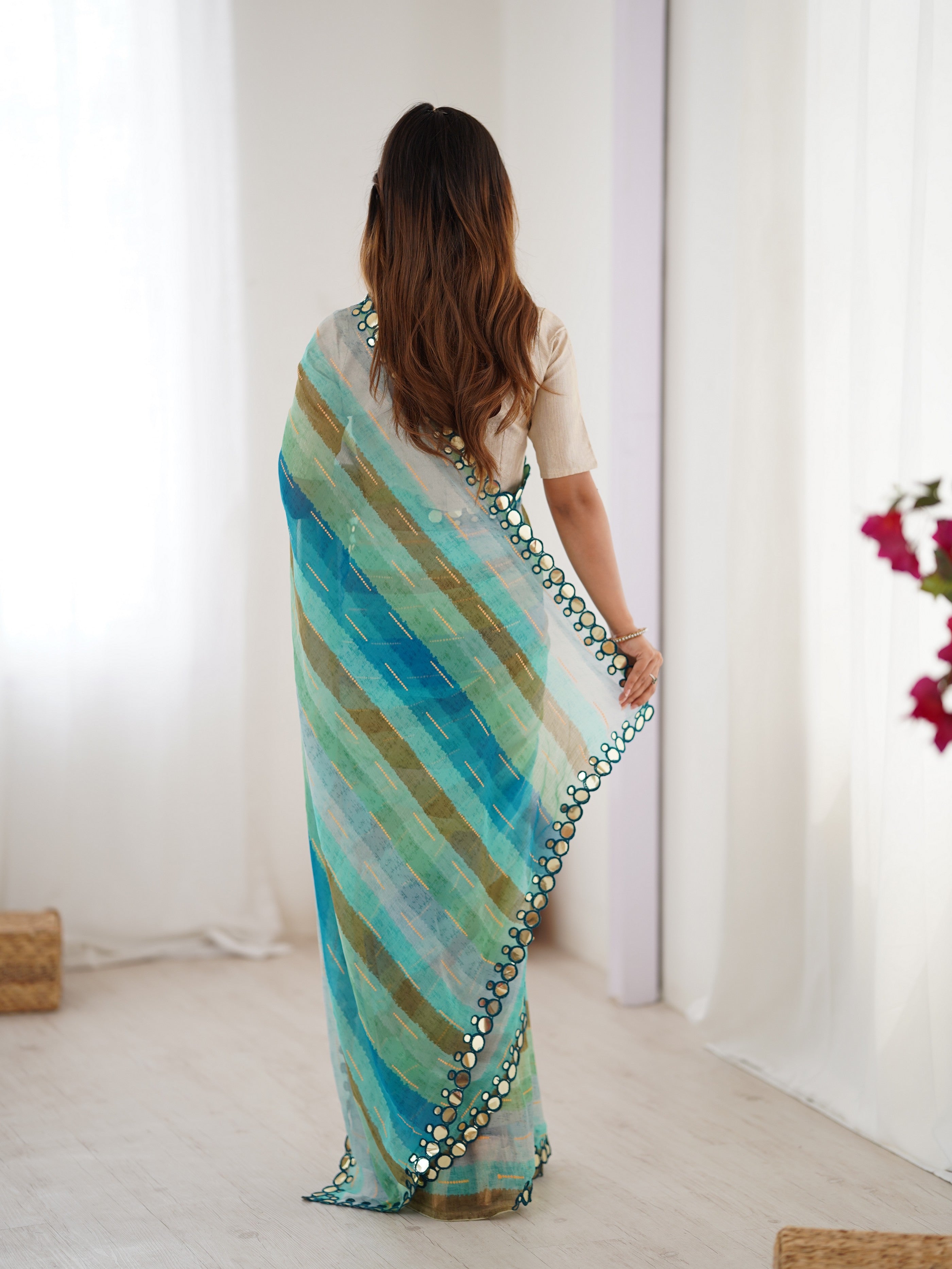 Rama Chiffon Designer Laheriya Printed Saree With Mirror Cut Work