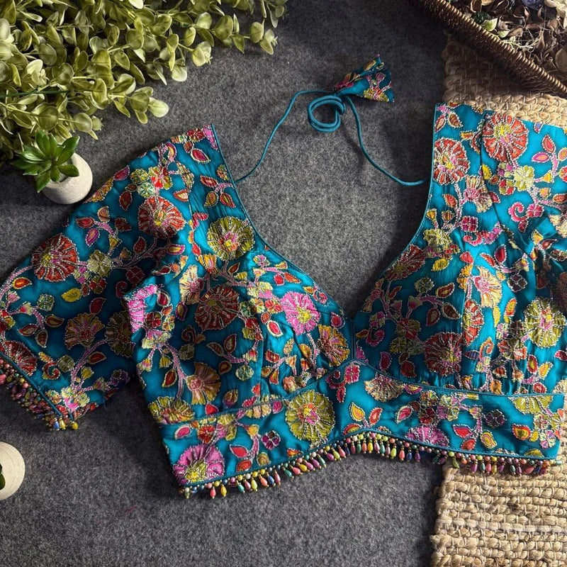 Rama Green Heavy Position Work Designer Blouse for Saree Pure Crepe Partywear Readymade Blouse