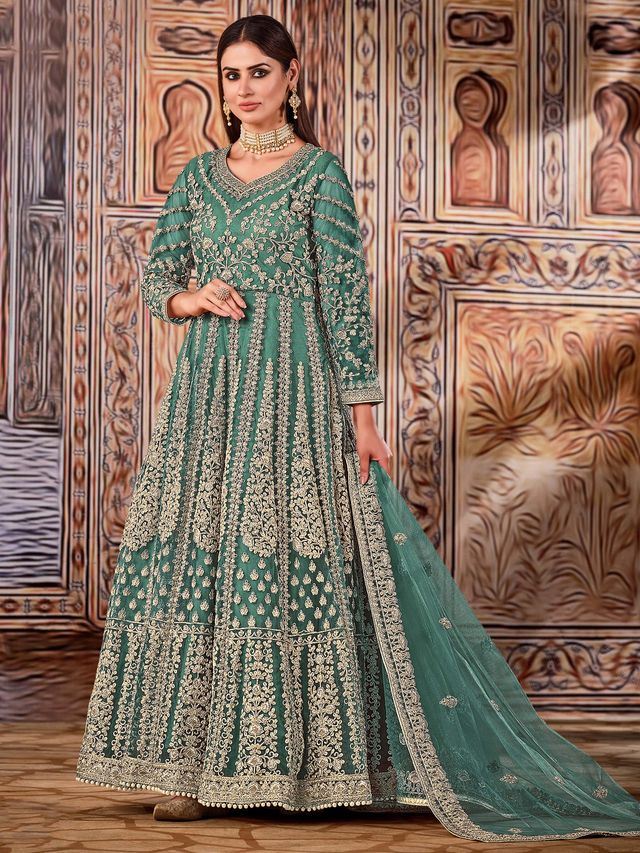 Rama Green Net Heavy Thread Embroidery And Zari Work Anarkali Suits