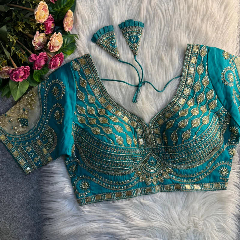 Rama Green Royal Elephant Patch Work Bridal Blouse Roman Silk Heavy Beads & Sequins Designer Wear