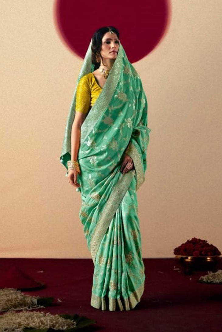 Rama Green Saree With Jacquard Woven Work