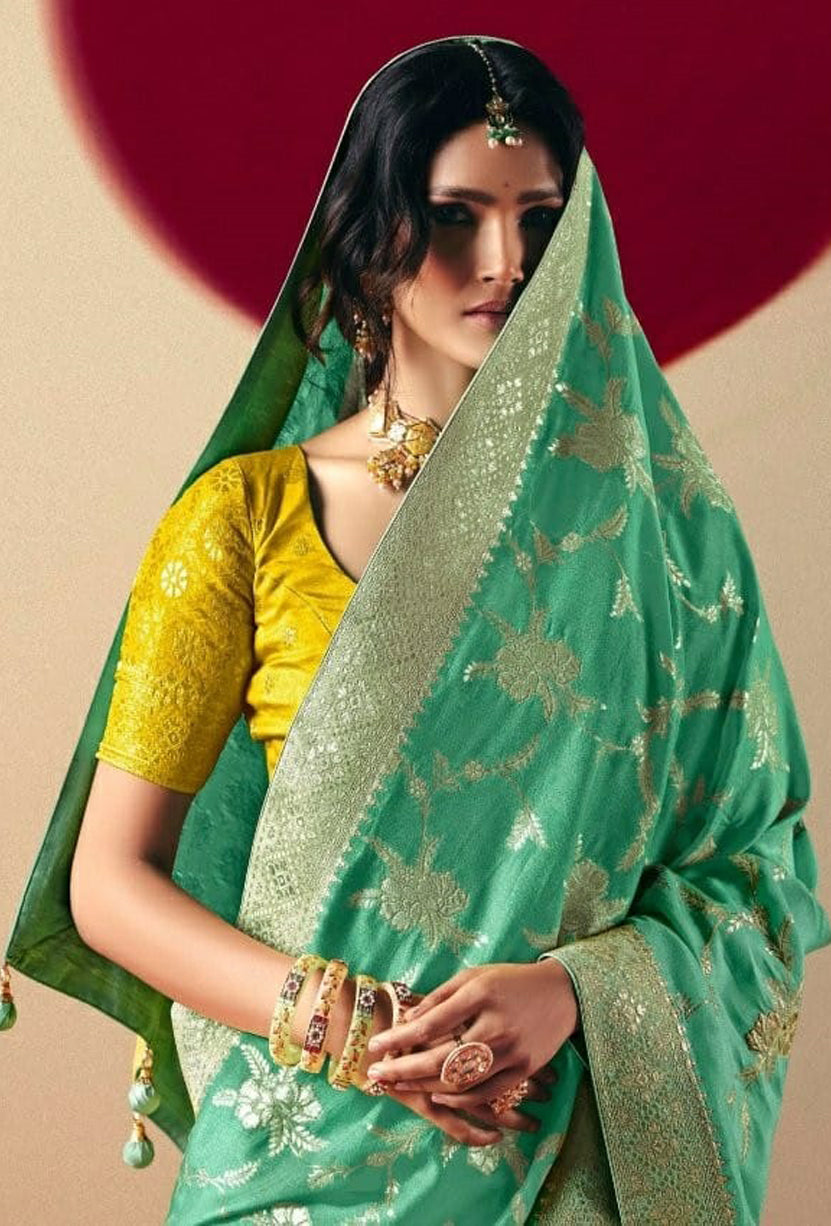 Rama Green Saree With Jacquard Woven Work