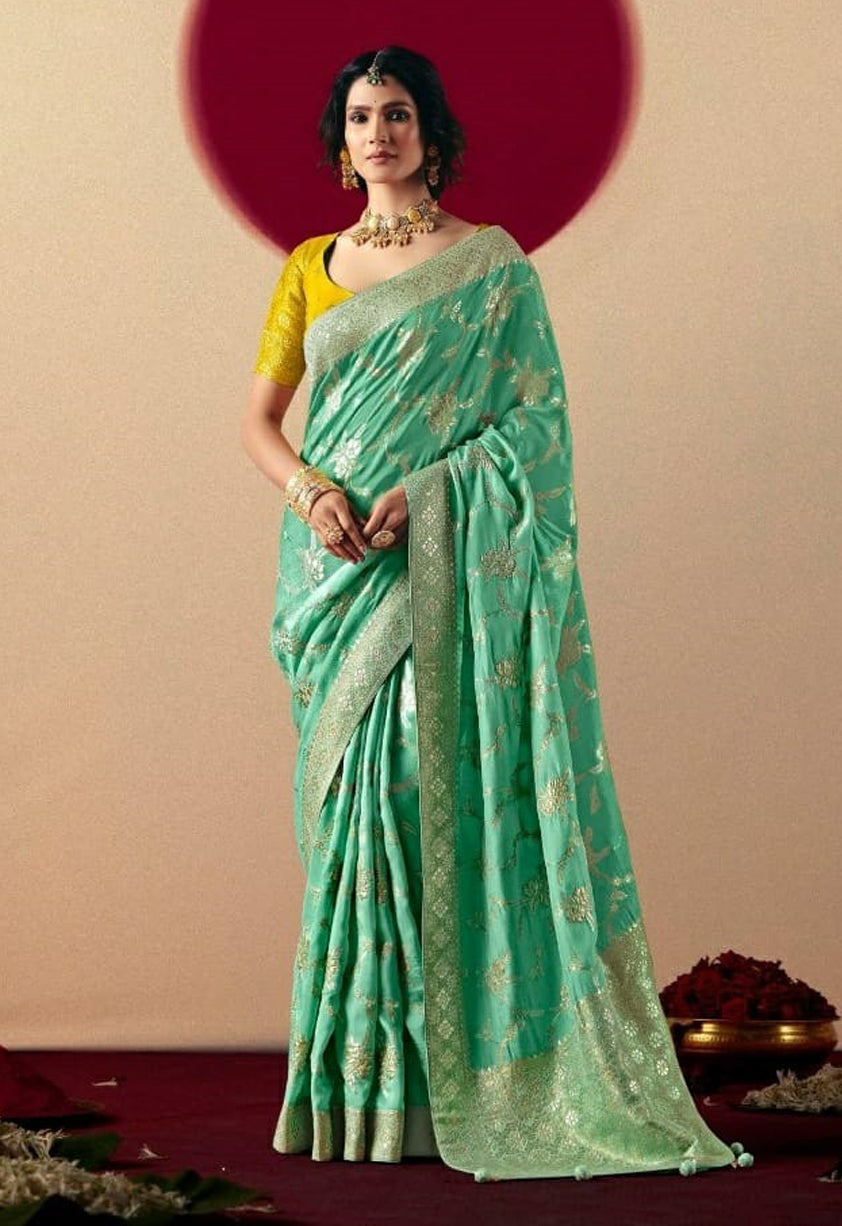 Rama Green Saree With Jacquard Woven Work