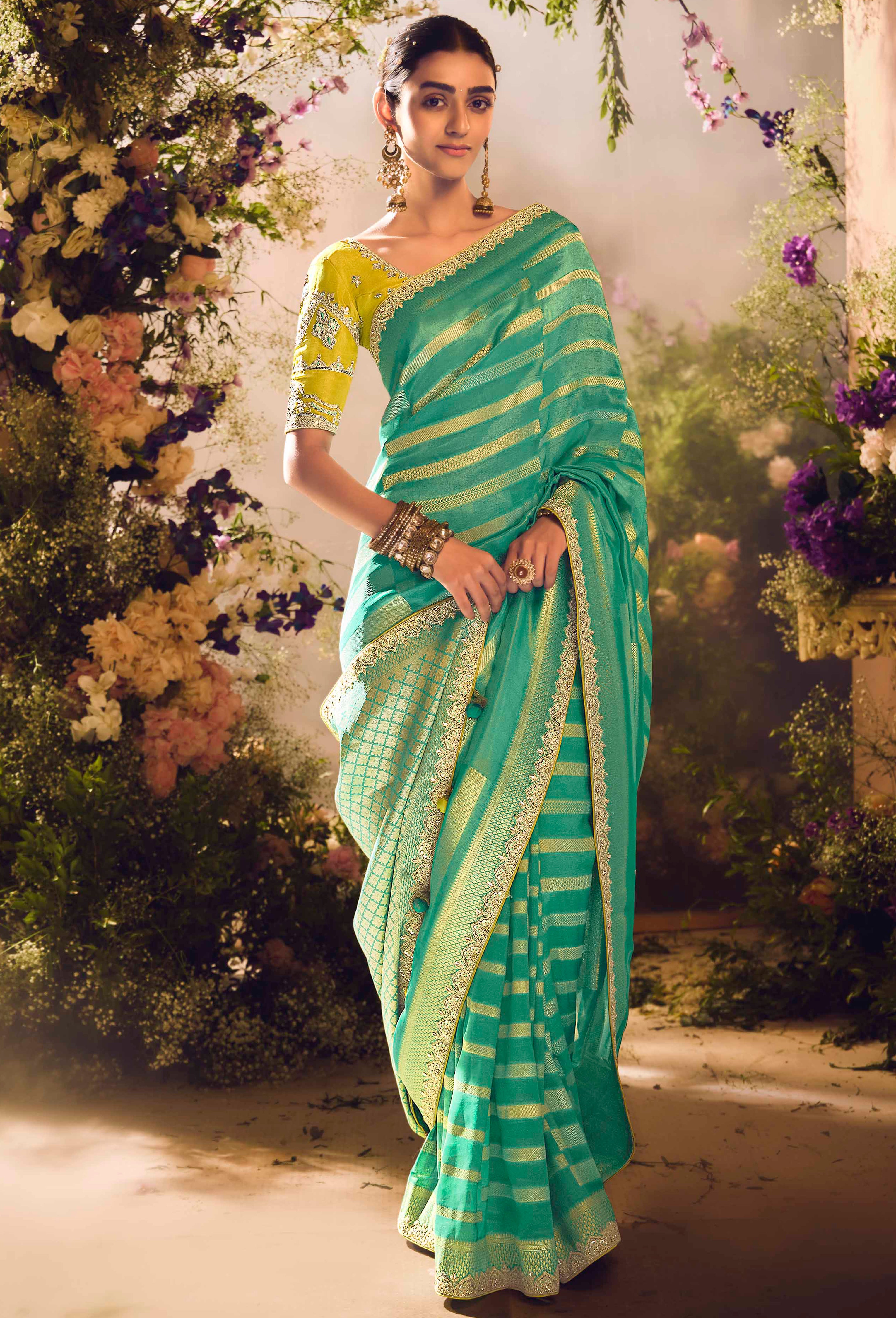 Rama Green Saree With Jacquard Woven Work with Embroidered Lace Border