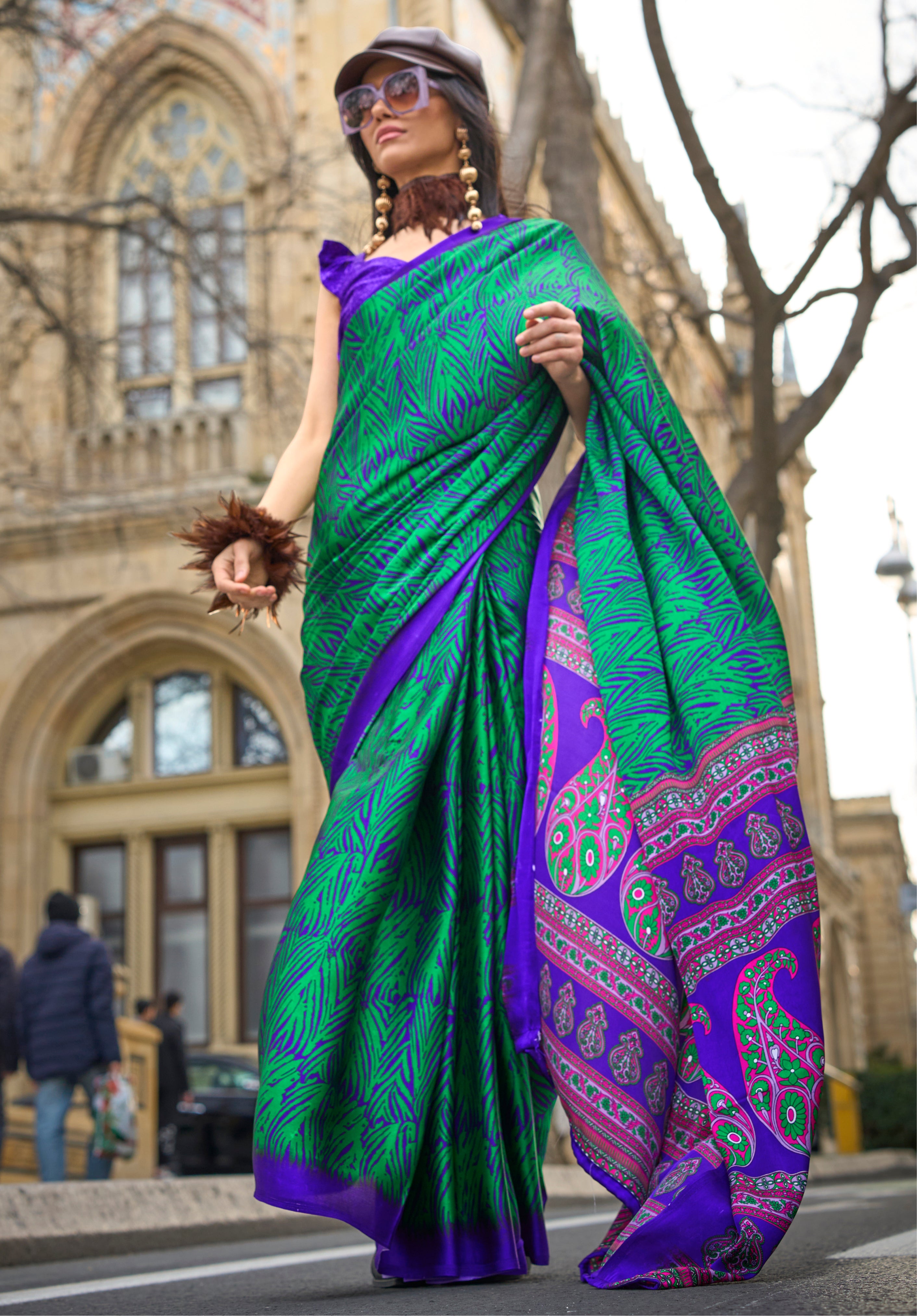 Rama Green Satin Saree With Digital Print