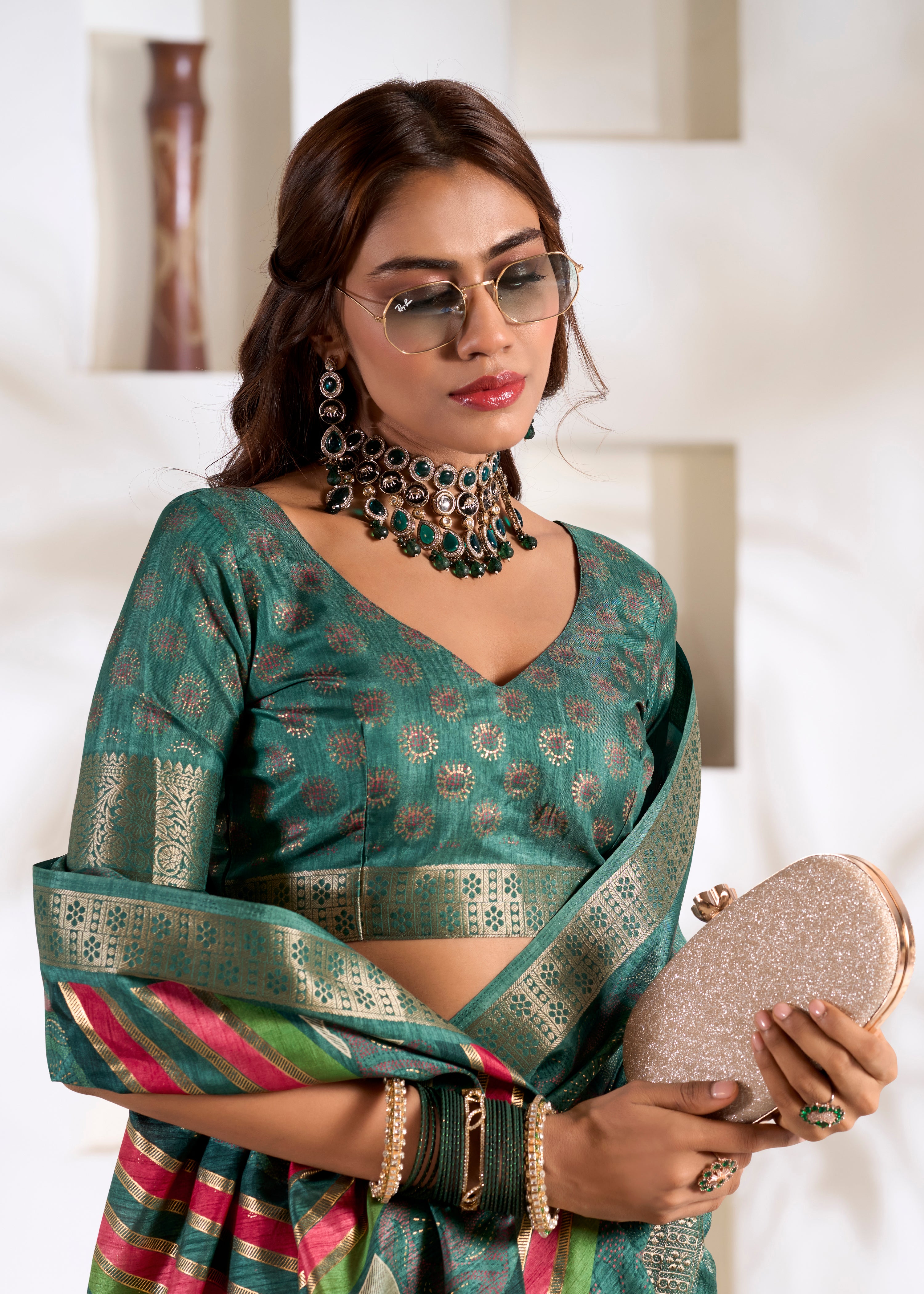 Rama Green Soft Dola Silk Saree With Foil Print With Jacquard Woven Work
