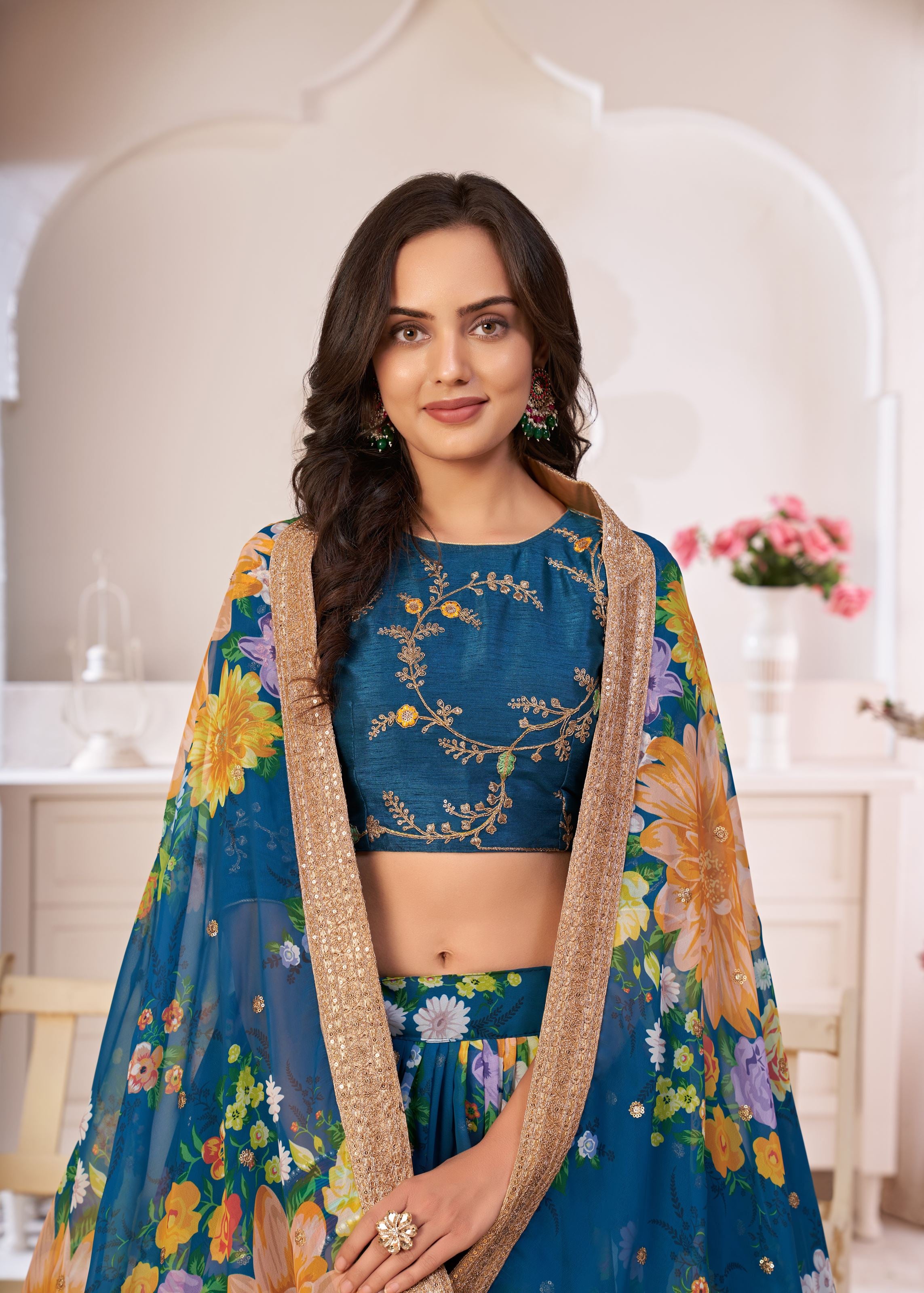 Rama Lehenga Choli With Digital Floral Print And Embroidered Work With Jari Sequins Dori Work