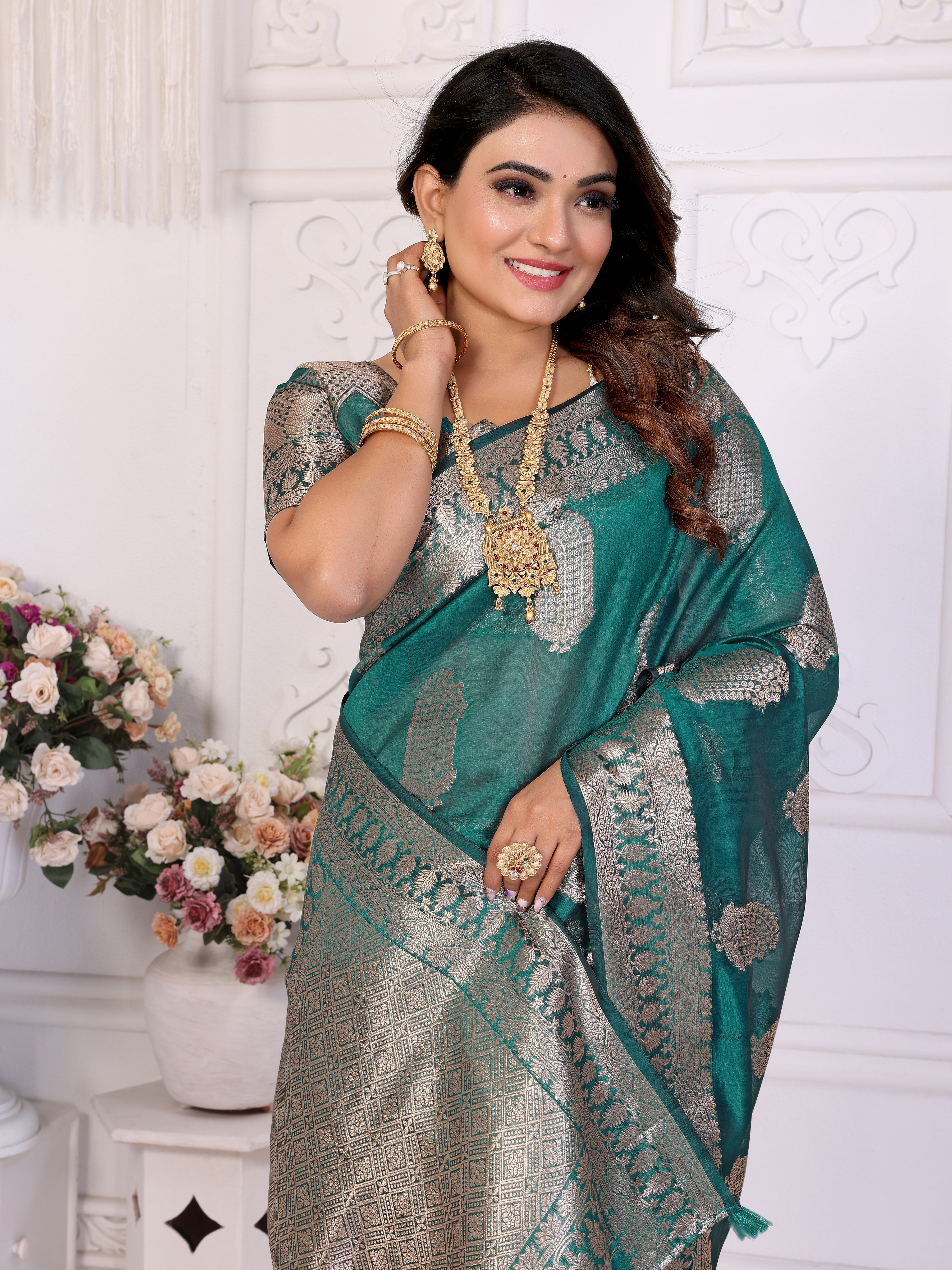 Rama Organza Gold Zari Designer Beautiful Festive Saree
