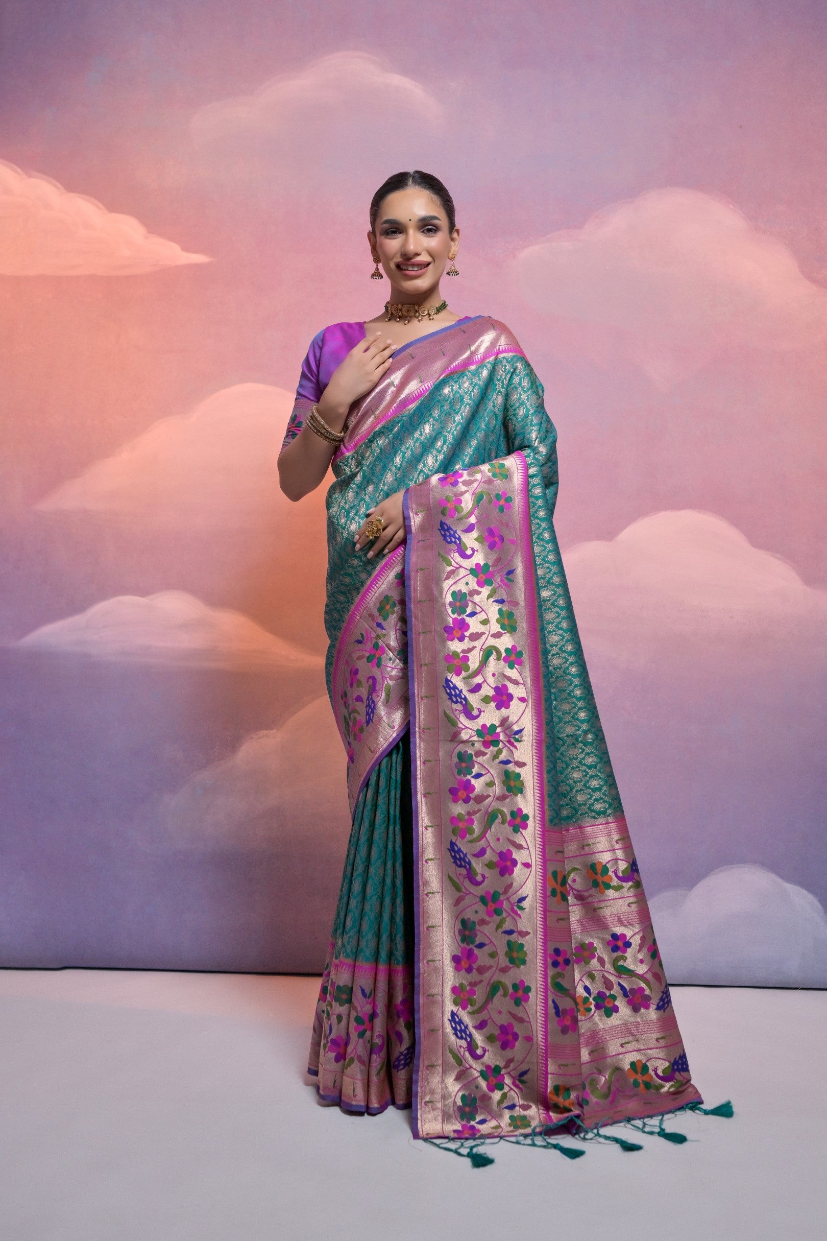 Rama Paithani Silk Saree with Meenakari Border and Zari Weaves