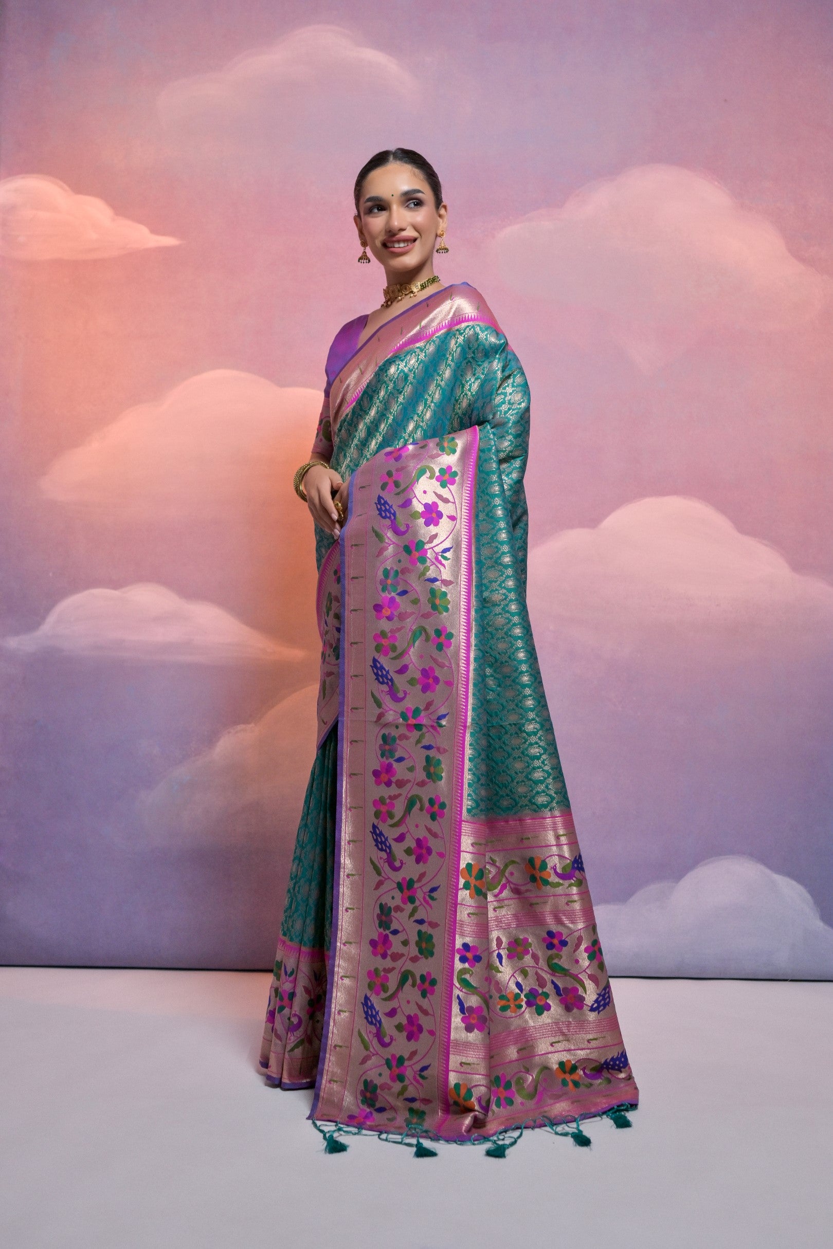 Rama Paithani Silk Saree with Meenakari Border and Zari Weaves