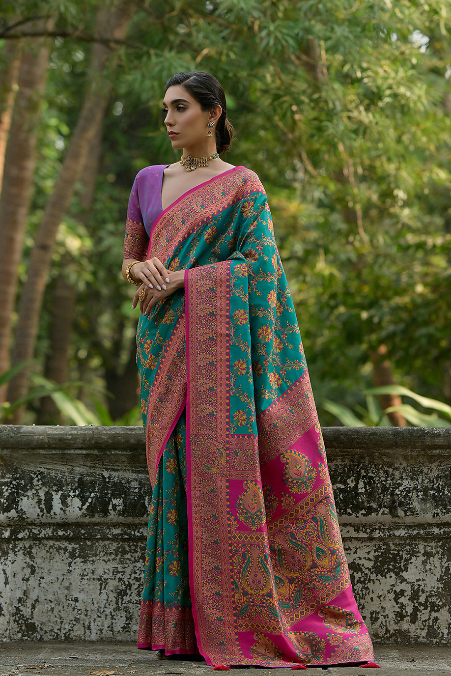 Rama Pashmina Silk Saree with Floral Jal and Thread Pallu