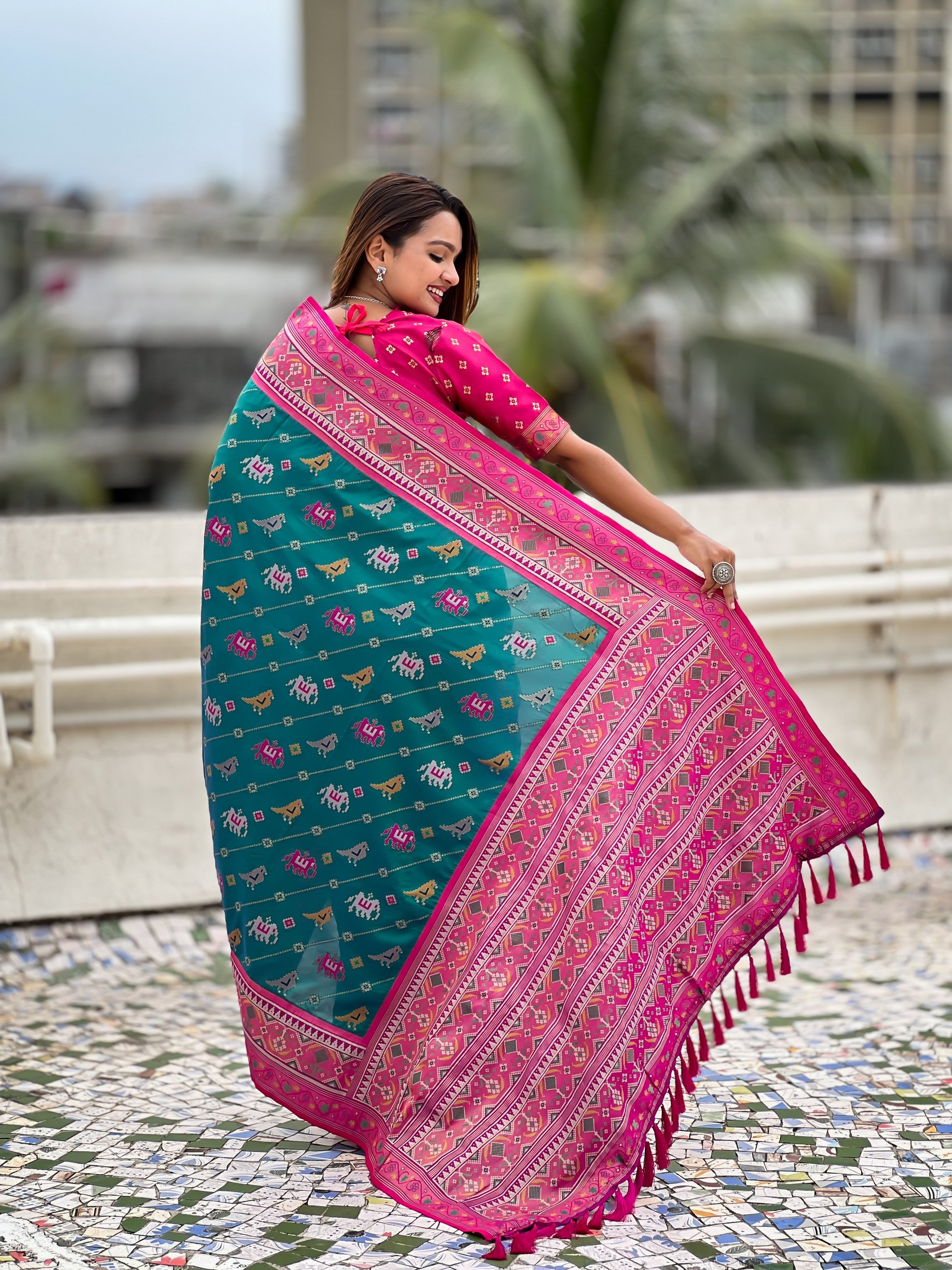 Rama Patola Silk Saree With Woven Meenakari Ikkat Designer For Festive Looks
