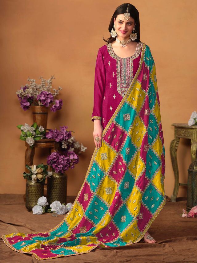 Rani-Pink Salwar Kameez With Thread Emboirdered Work
