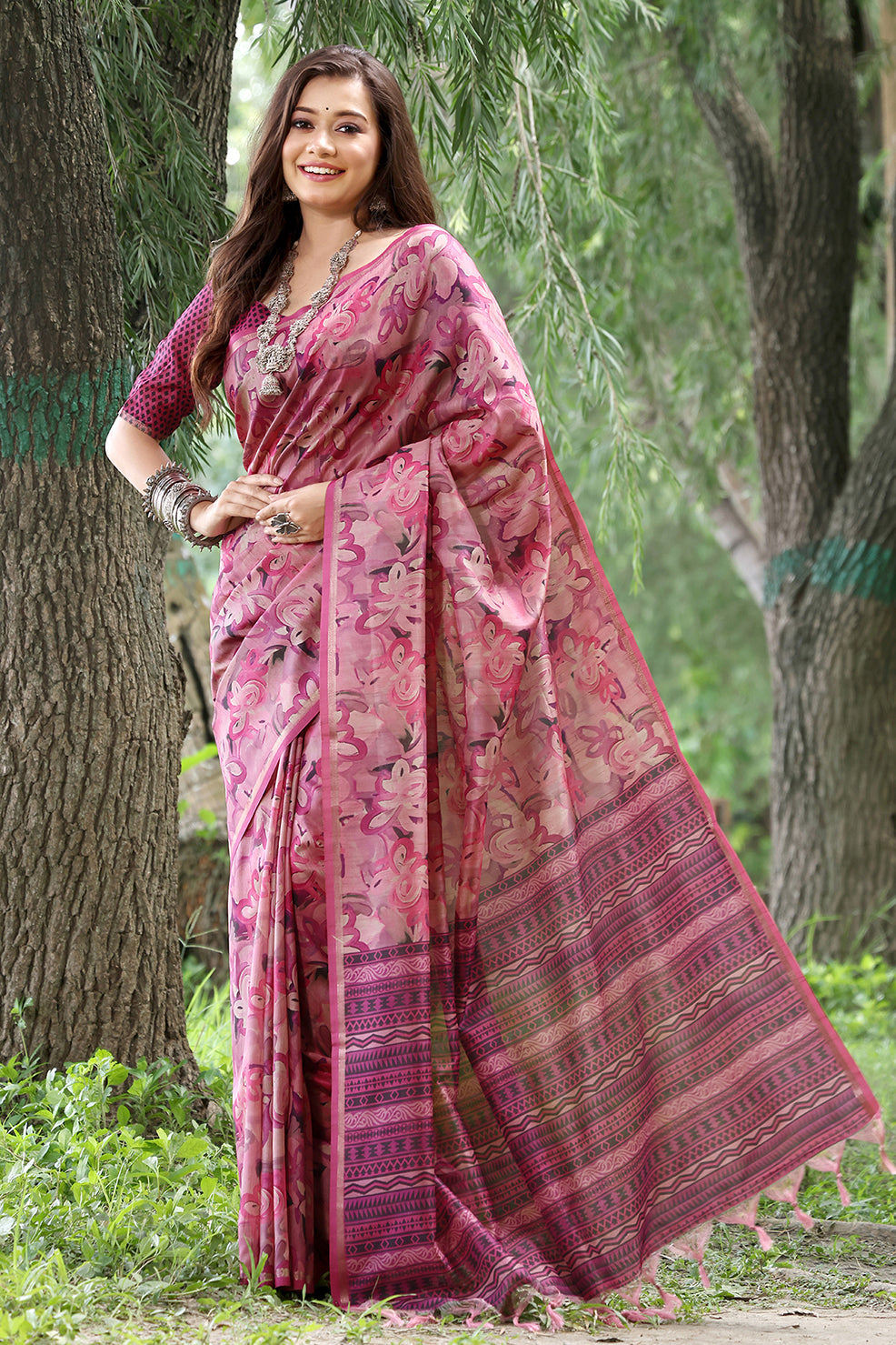 Rani Cotton Silk Saree with Floral Print and Printed Pallu