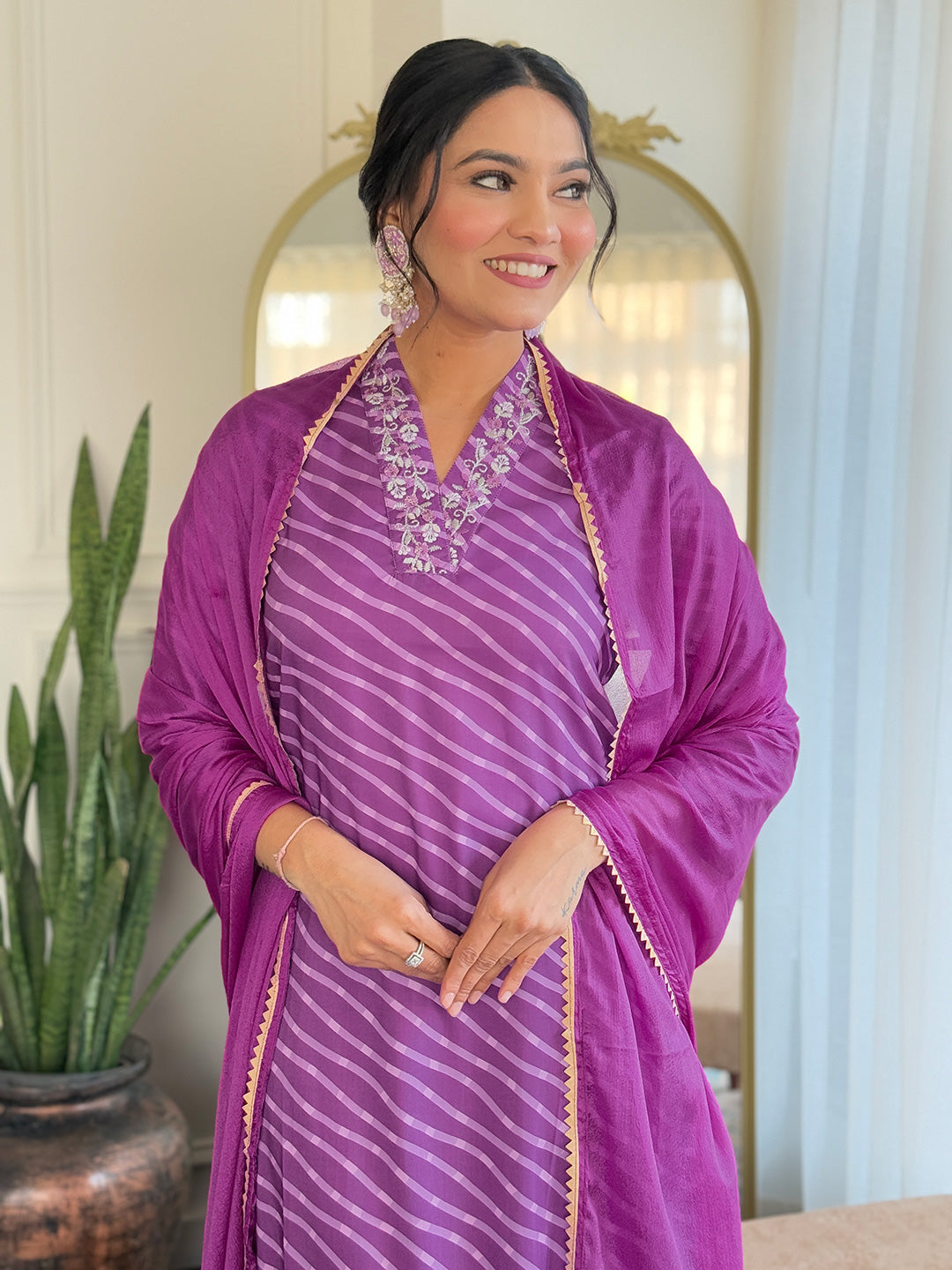 Rani Muslin Elegant Kurta Pant Set With Embroidery Work