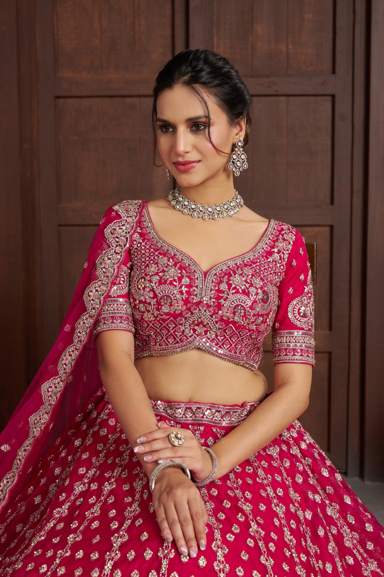 Rani Net Heavy Silver Zari Bridal Lehenga Choli with Beadwork