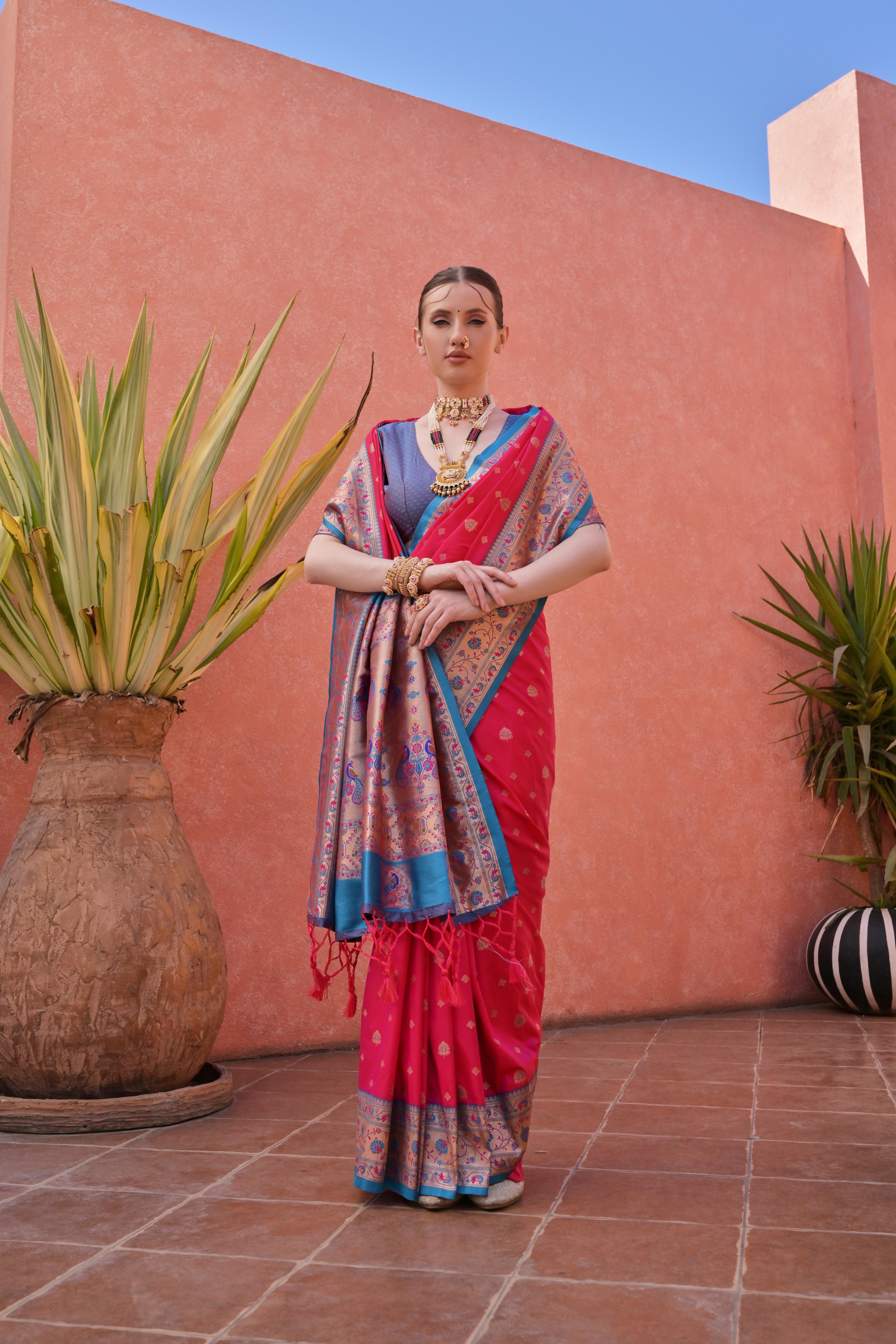 Rani Paithani Silk Saree with Paithani Pallu and Zari Butti