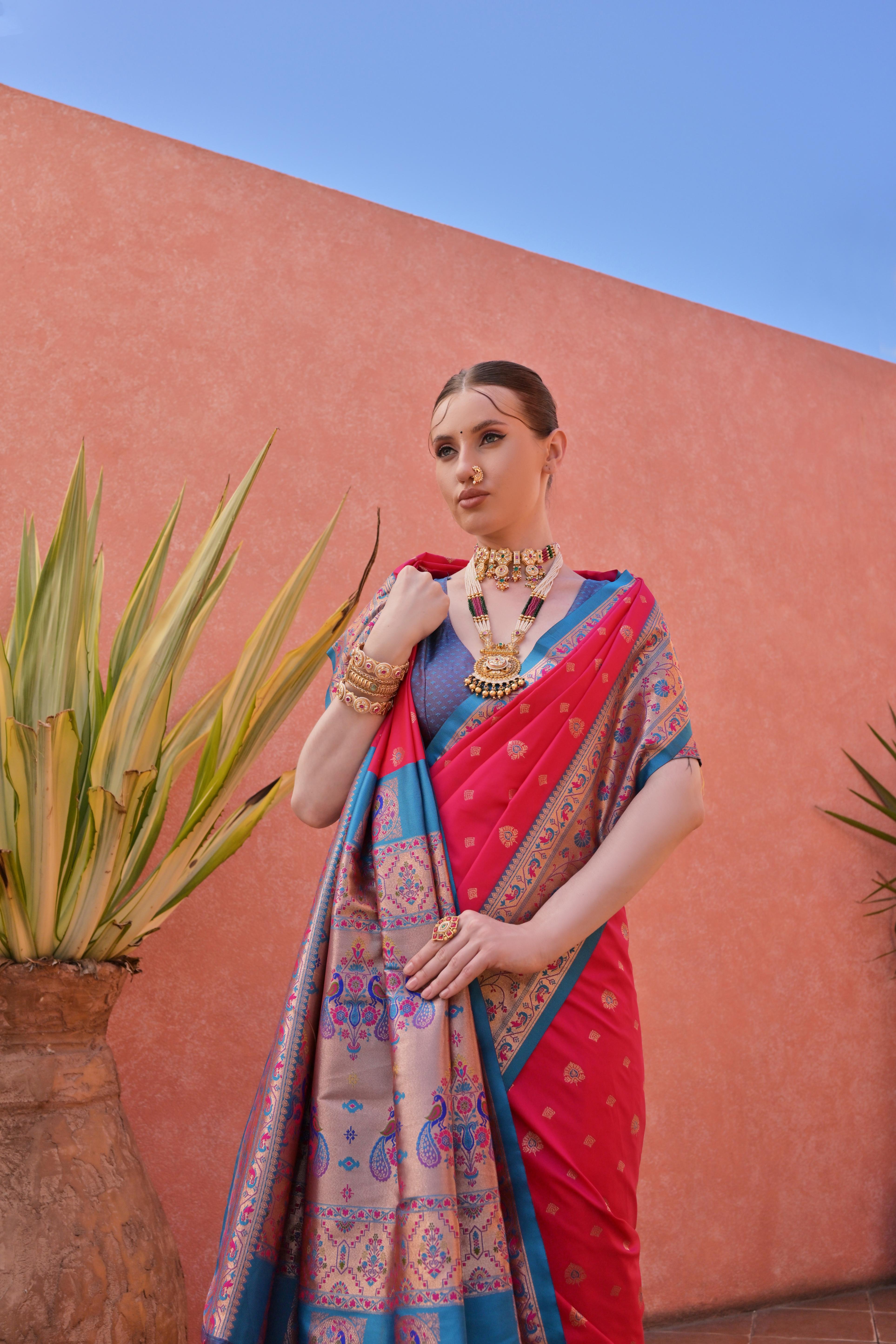 Rani Paithani Silk Saree with Paithani Pallu and Zari Butti